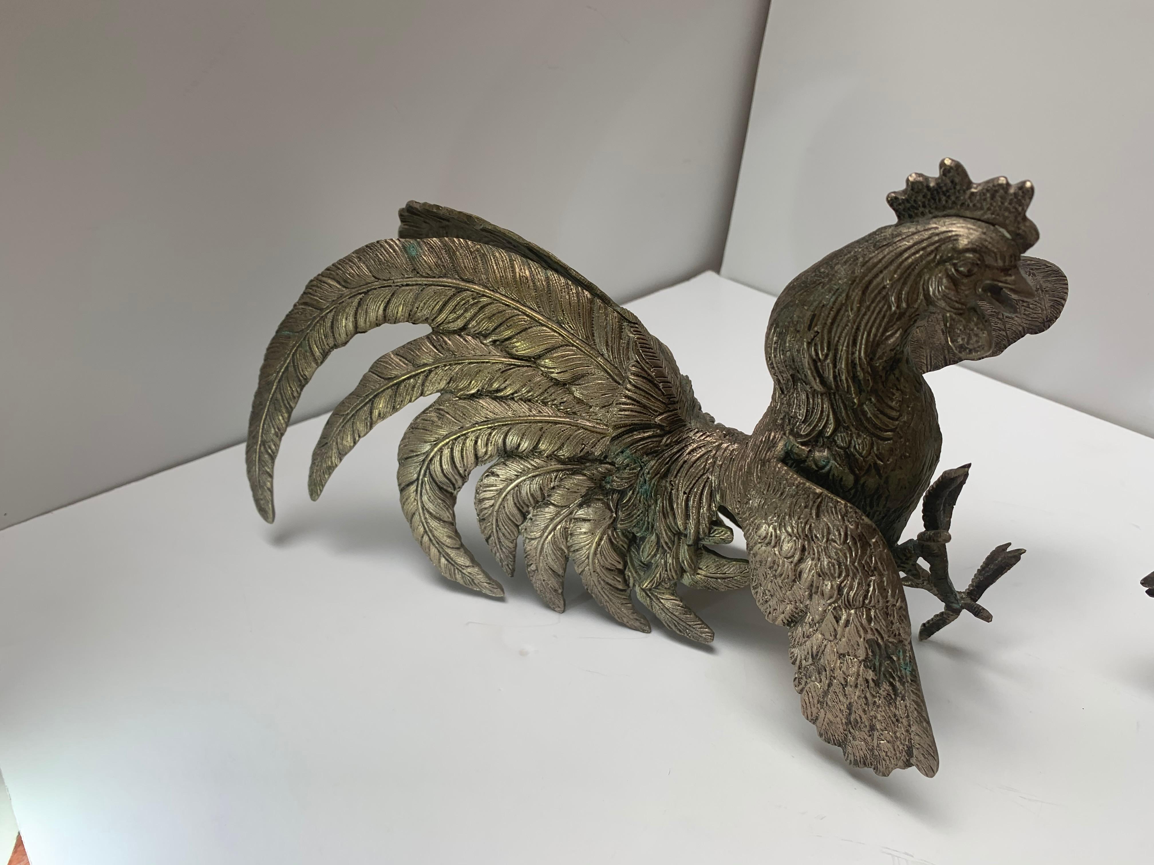 Arts and Crafts Pair of Antique Bronze Fighting Roosters, Book Ends, Sculptural Pieces