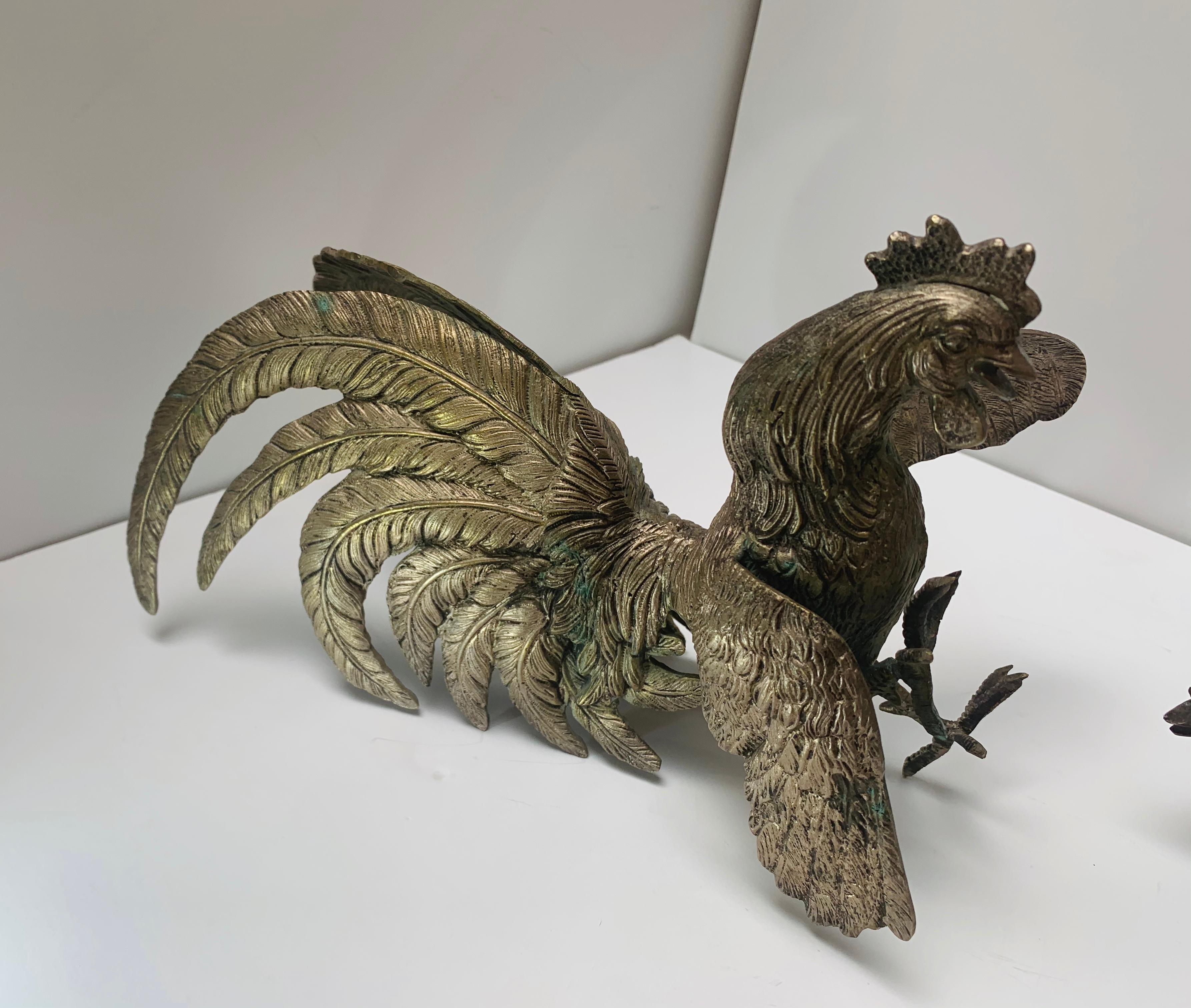 Cast Pair of Antique Bronze Fighting Roosters, Book Ends, Sculptural Pieces