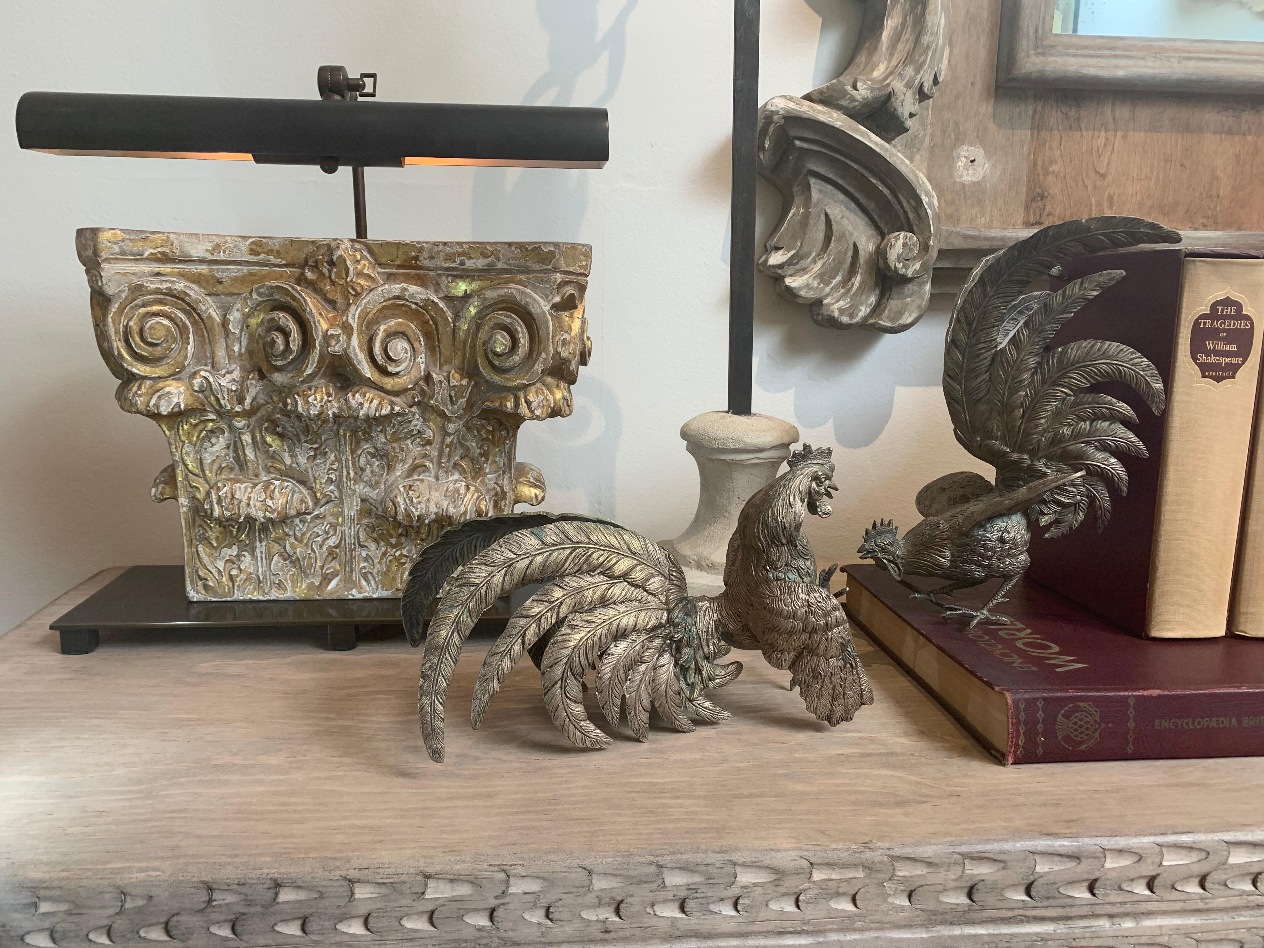 Pair of Antique Bronze Fighting Roosters, Book Ends, Sculptural Pieces In Good Condition In Los Angeles, CA