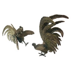 Pair of Antique Bronze Fighting Roosters, Book Ends, Sculptural Pieces