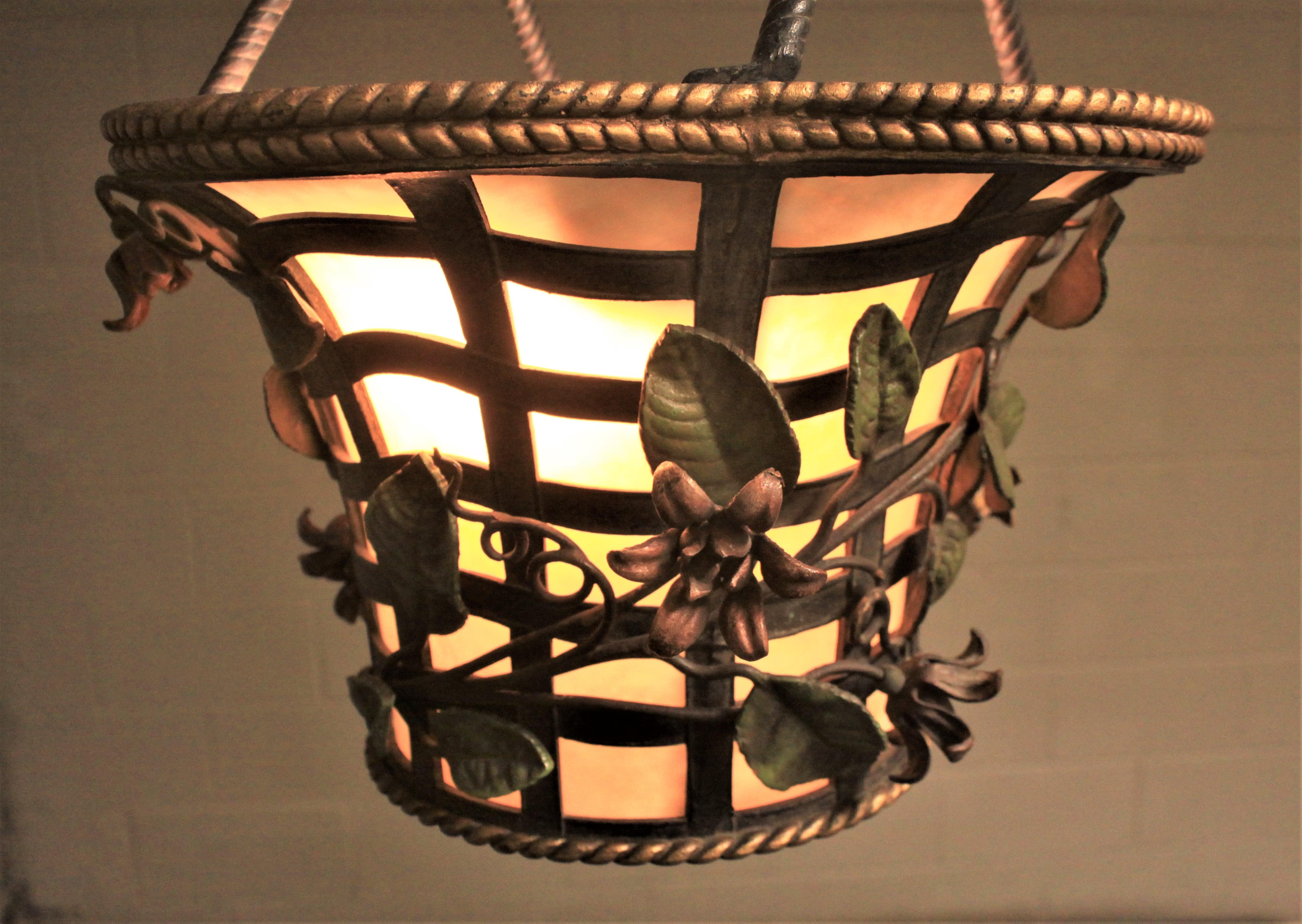 Art Deco Pair of Antique Bronze Figural Hanging Flower Basket Ceiling Light Fixtures