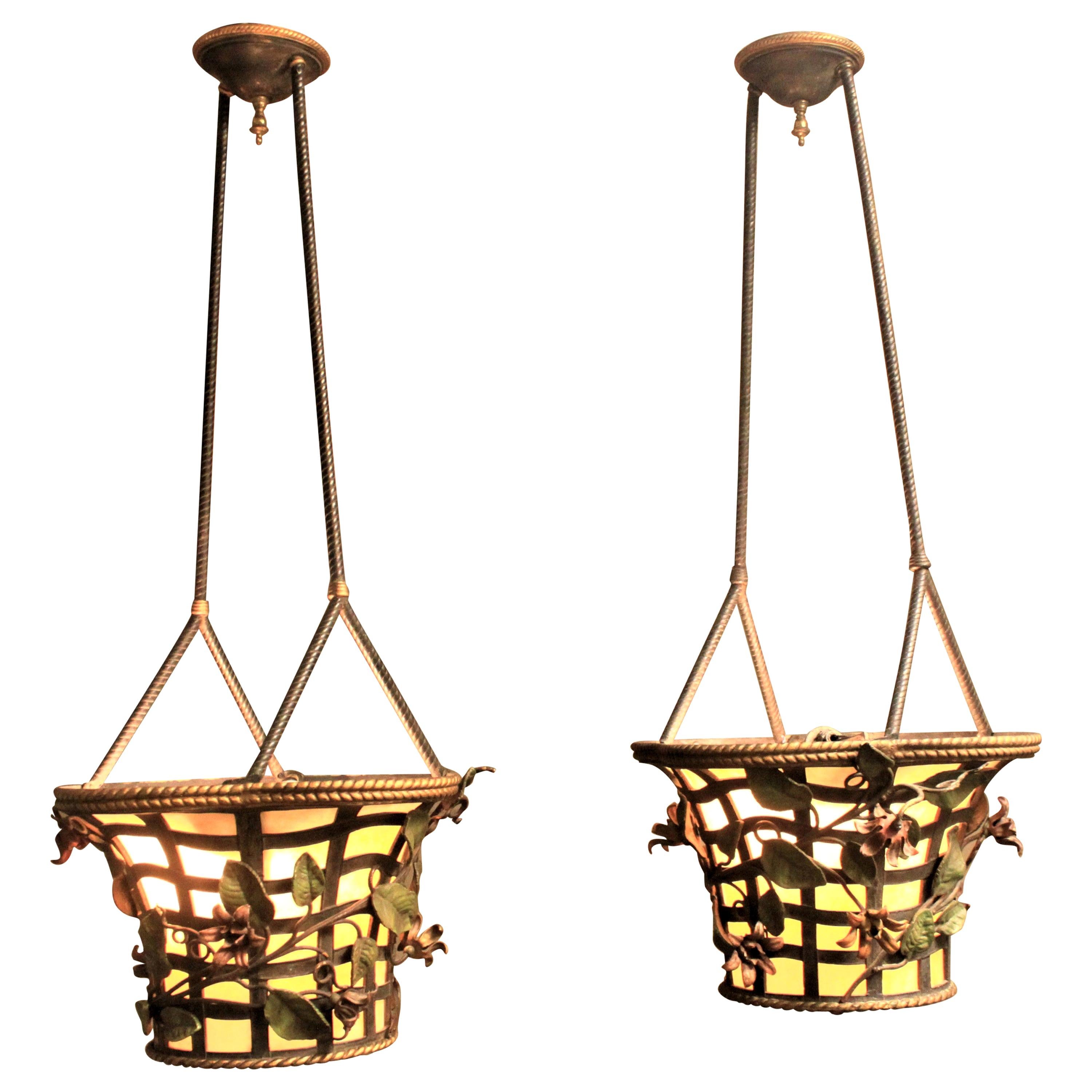 Pair of Antique Bronze Figural Hanging Flower Basket Ceiling Light Fixtures