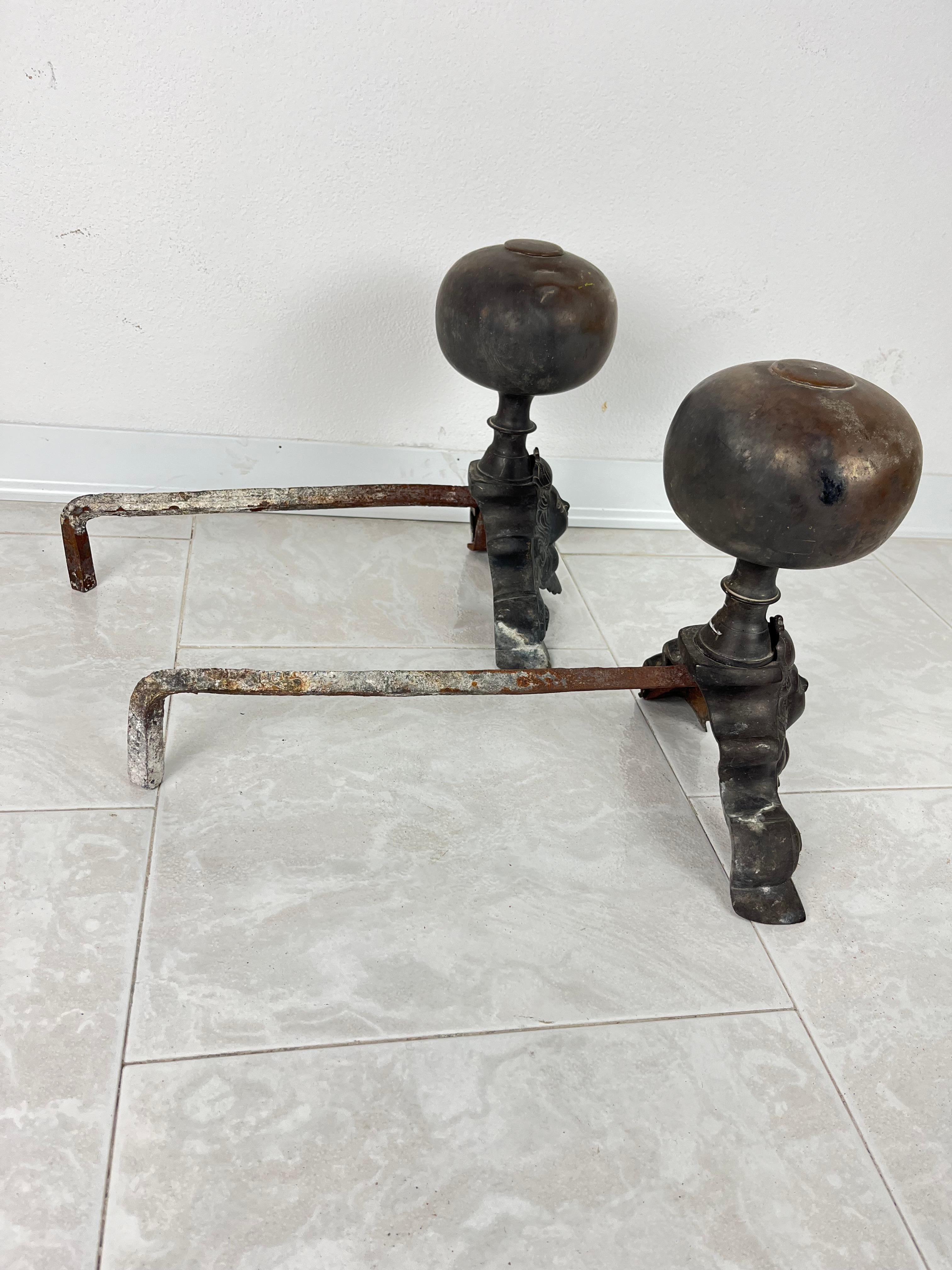 Other Pair of Antique Bronze Fireplace Andirons, Italy, 1940s For Sale