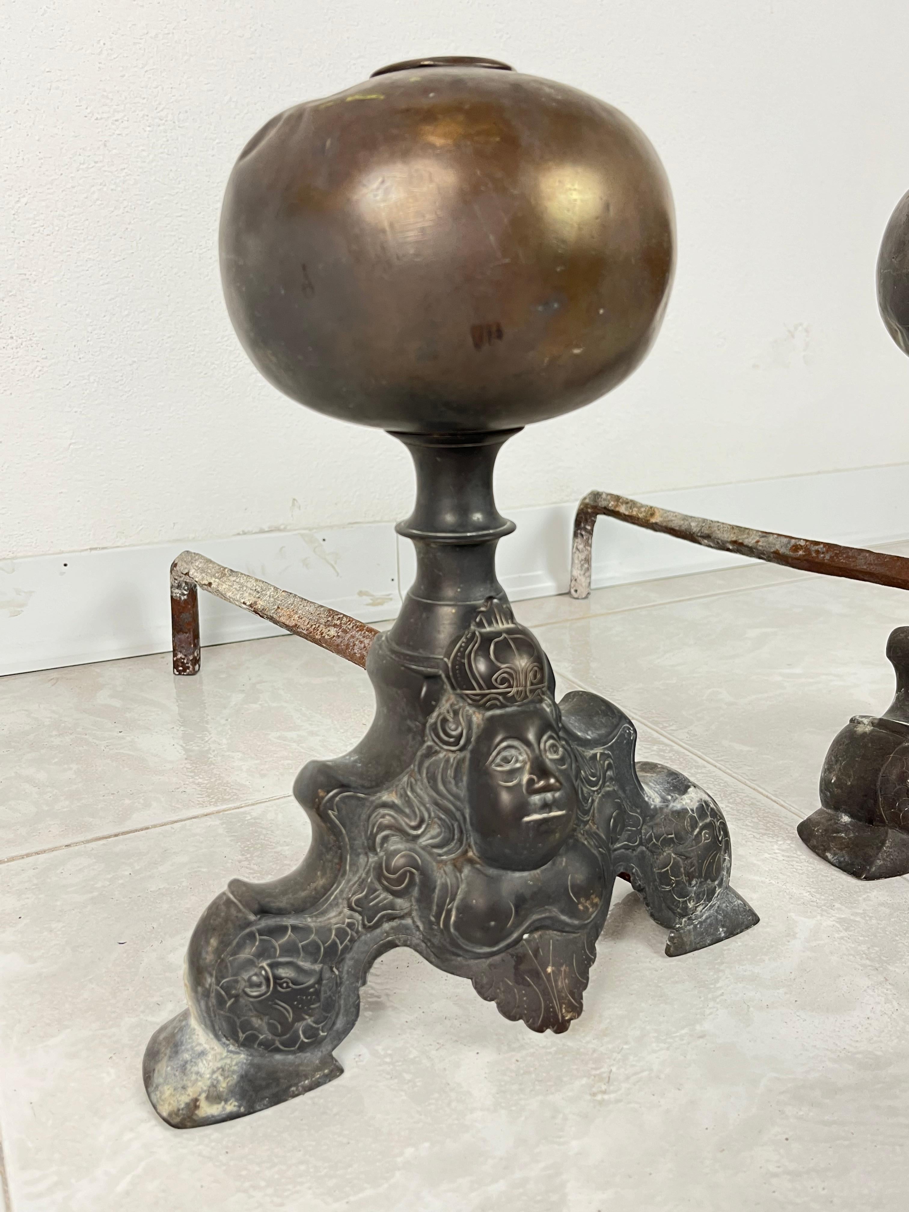 Pair of Antique Bronze Fireplace Andirons, Italy, 1940s For Sale 1