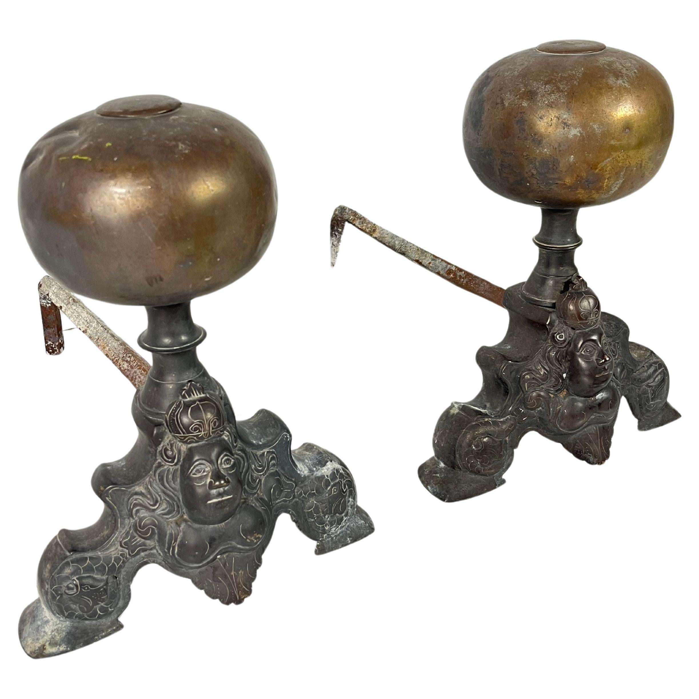 Pair of Antique Bronze Fireplace Andirons, Italy, 1940s For Sale