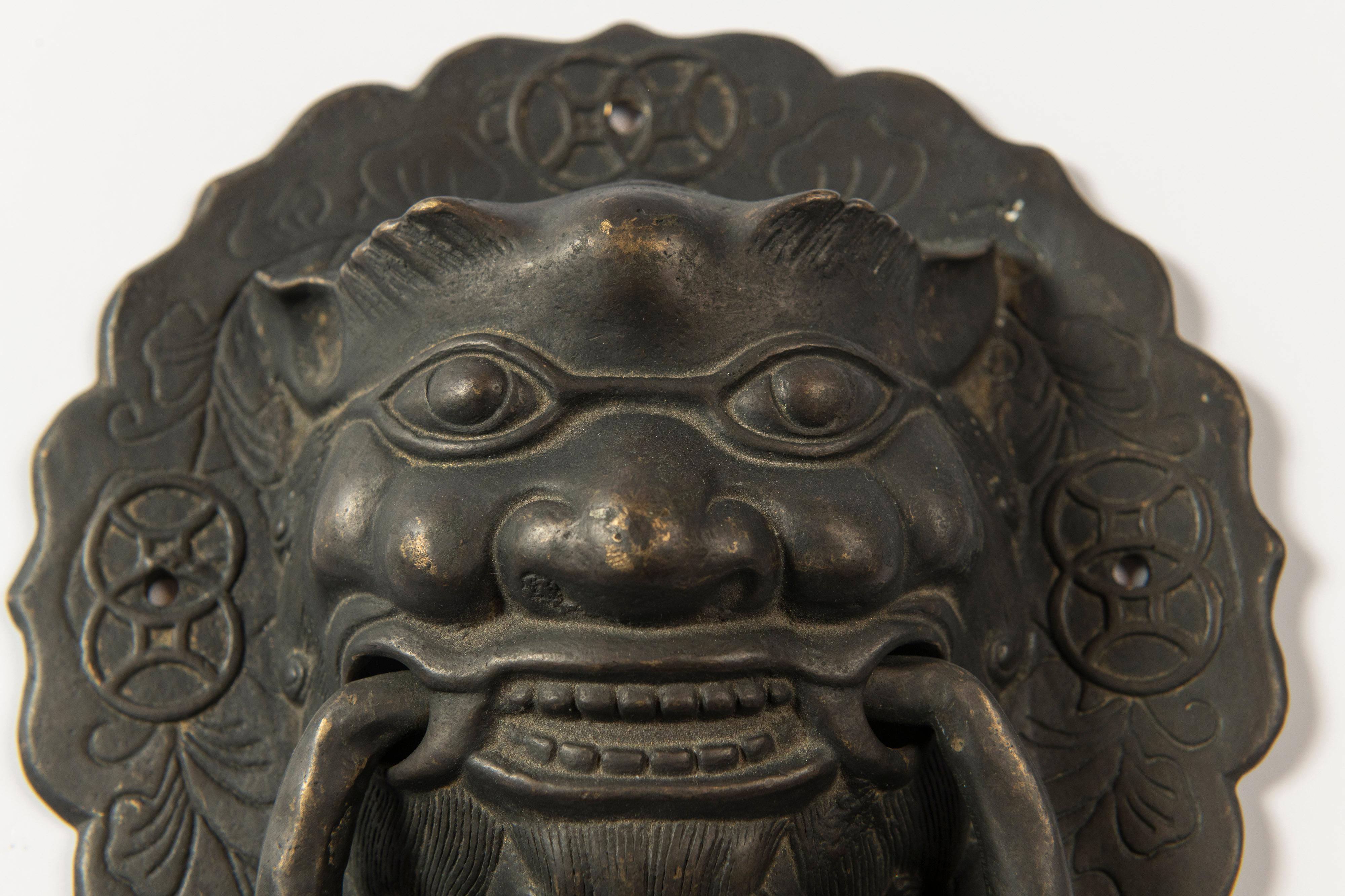 Chinese Pair of Antique Bronze Foo Dog Door Knockers For Sale
