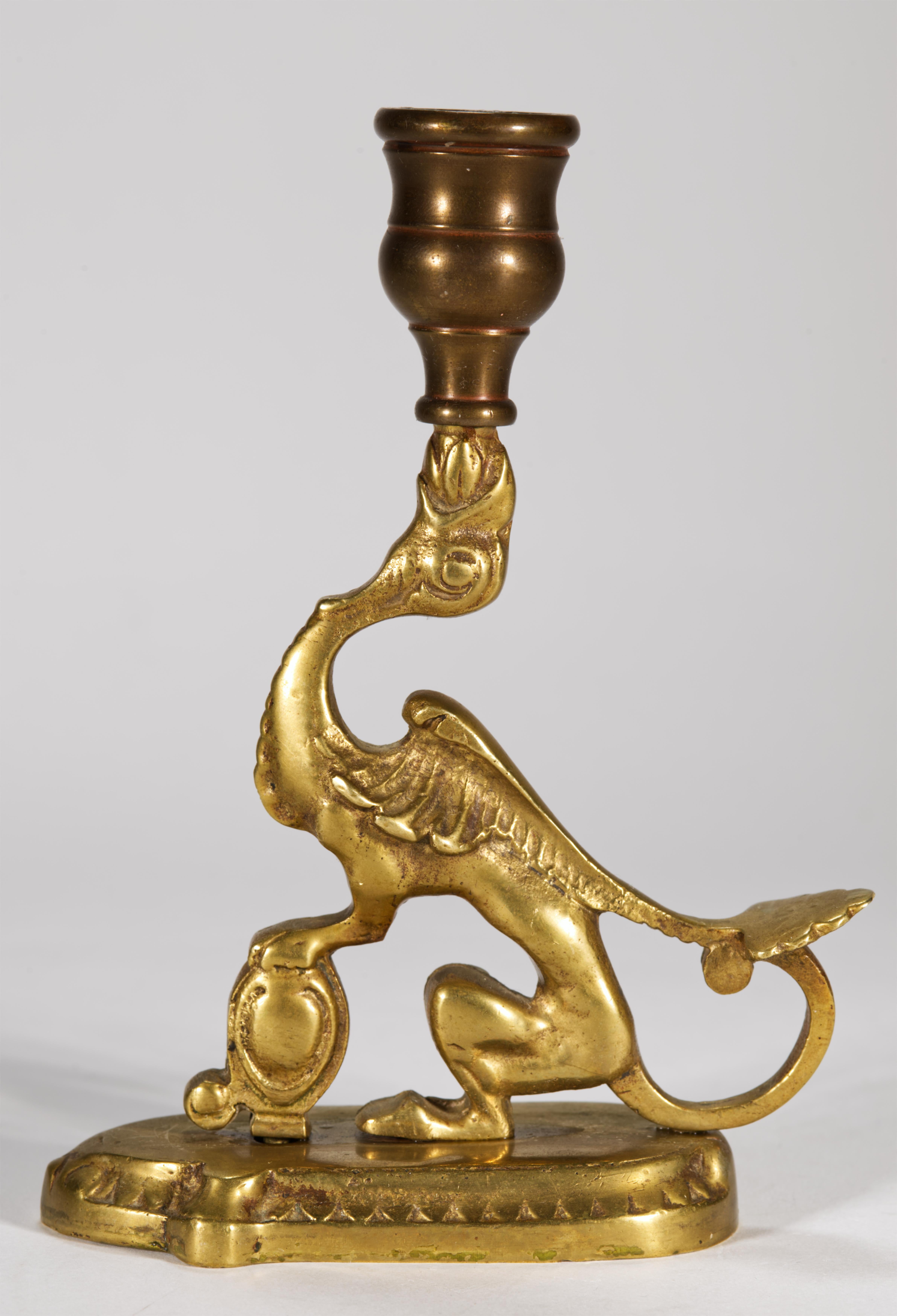 Victorian Pair of Antique Bronze Griffin Candle Holders For Sale