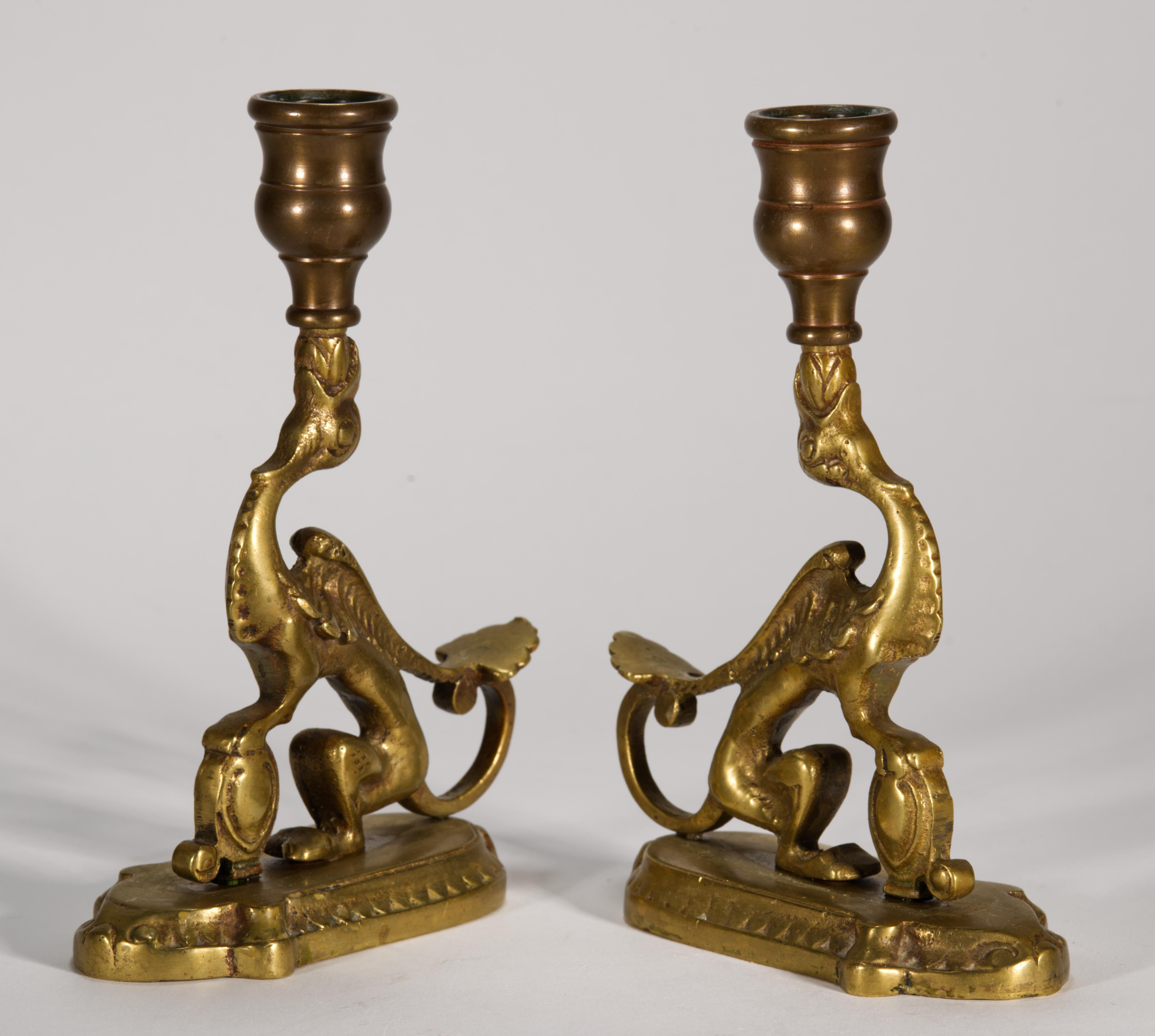 19th Century Pair of Antique Bronze Griffin Candle Holders For Sale