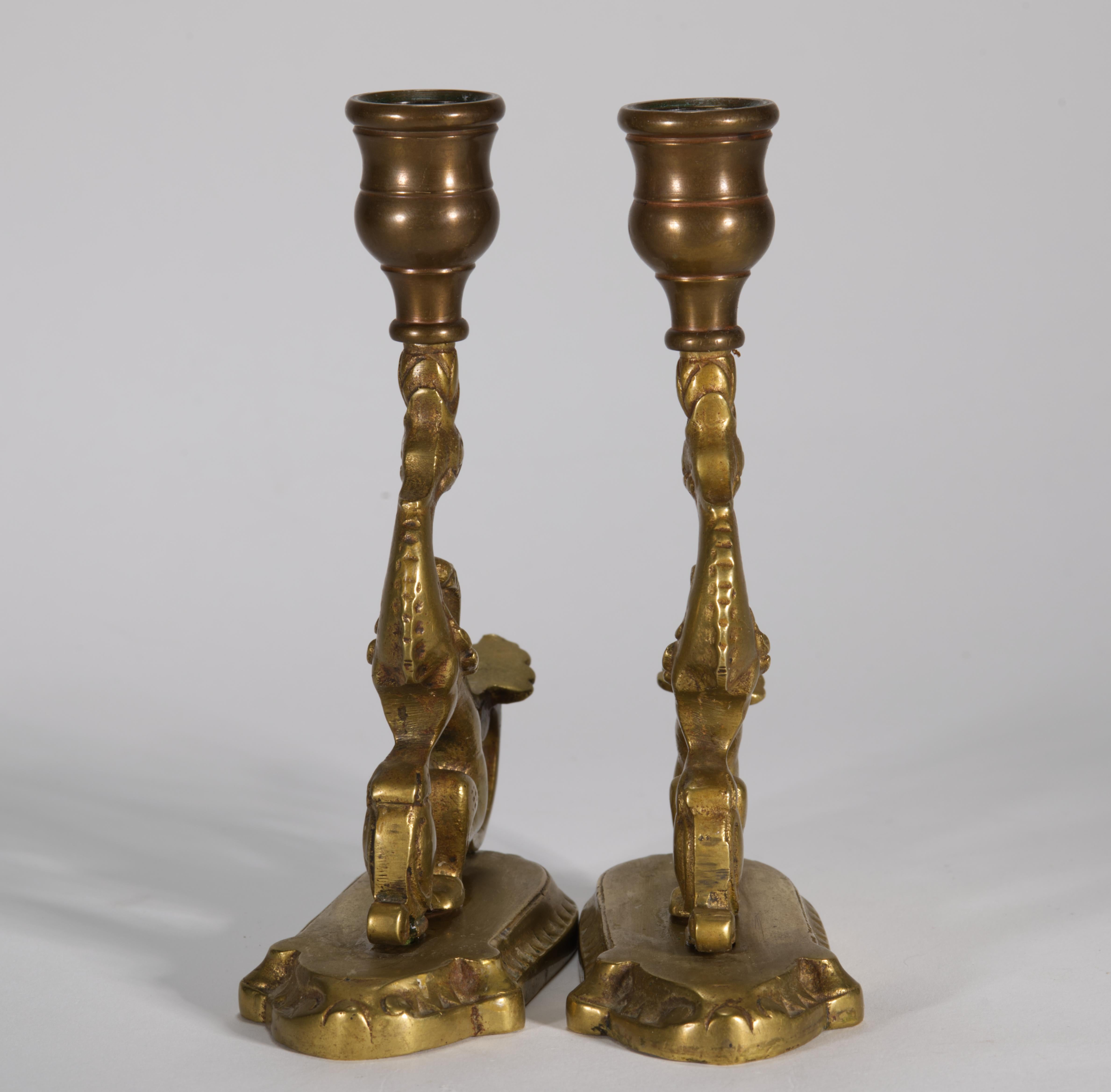 Brass Pair of Antique Bronze Griffin Candle Holders For Sale