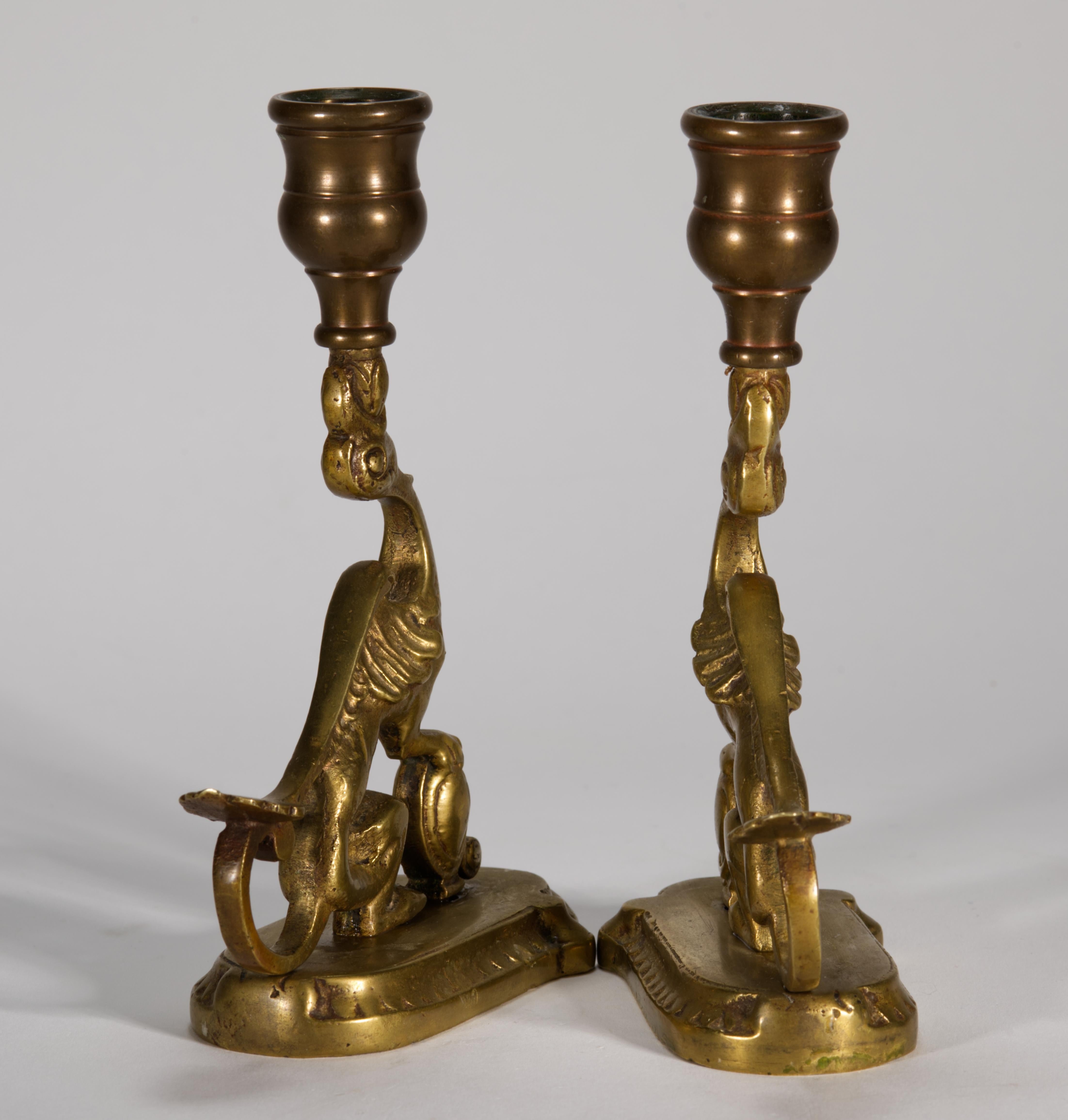 Pair of Antique Bronze Griffin Candle Holders For Sale 1