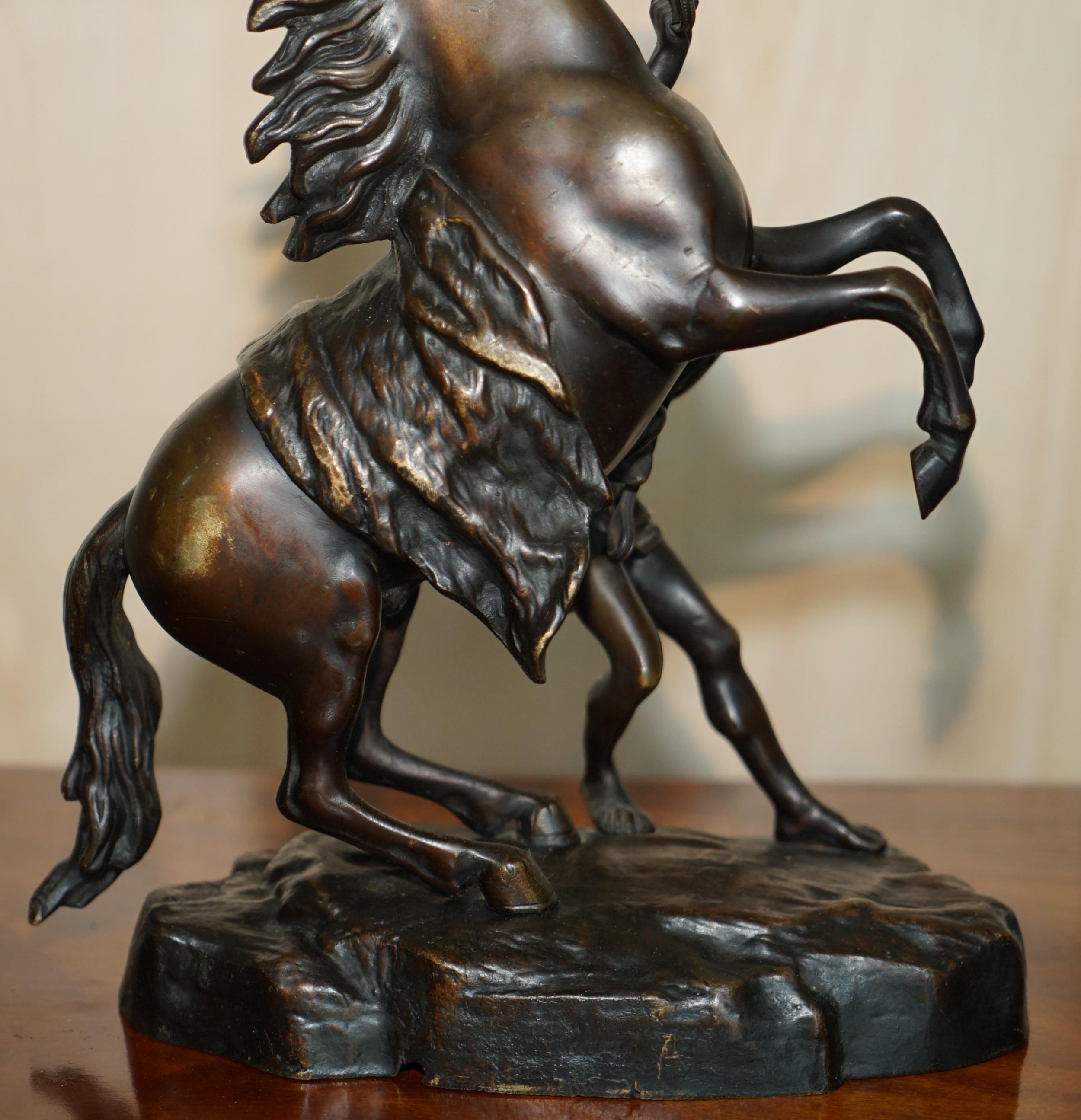 Hand-Crafted Pair of Antique Bronze Guillaume Coustou Marly Horses Statues as Seen the Louvre For Sale