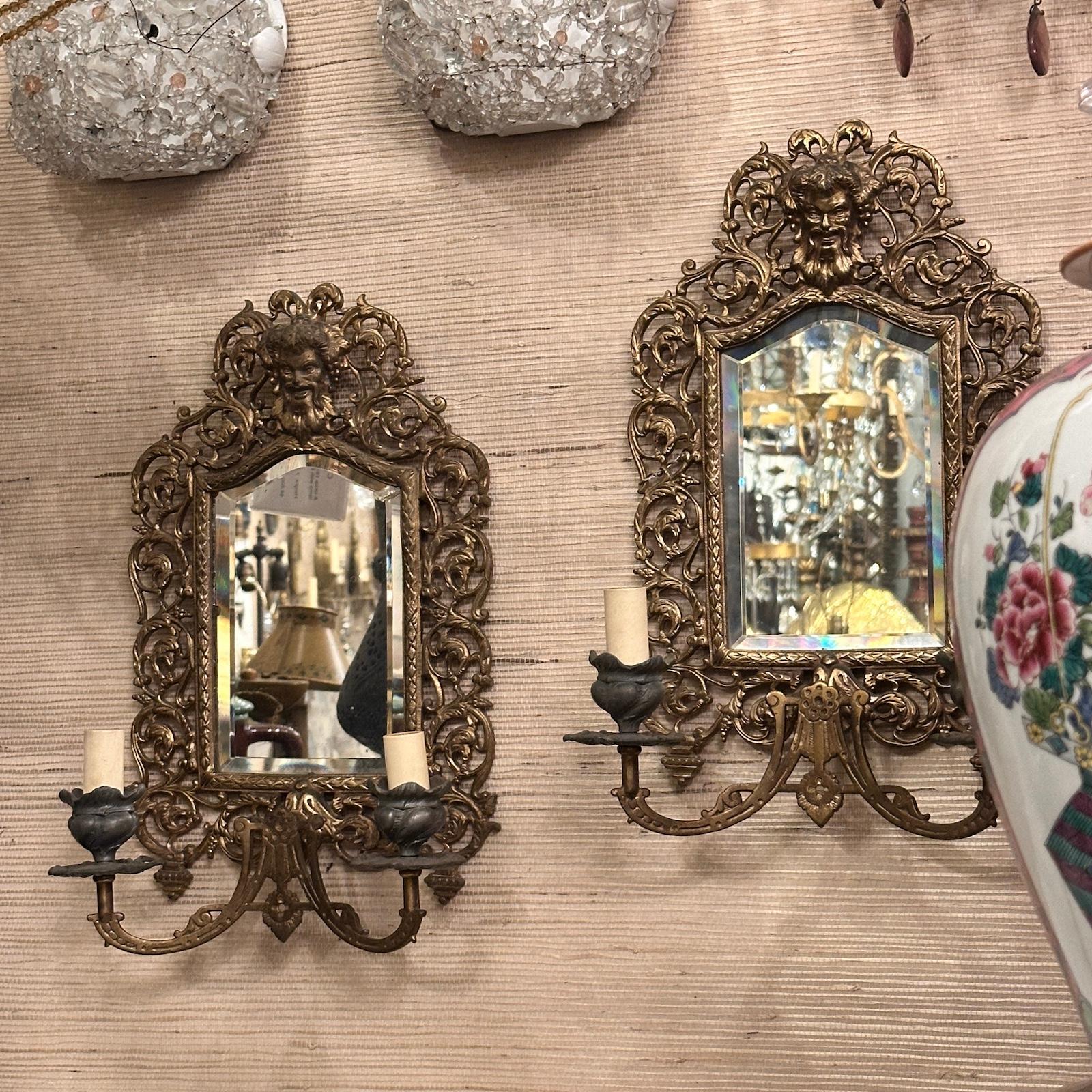 Pair of Antique Bronze Mirrored Sconces In Good Condition For Sale In New York, NY