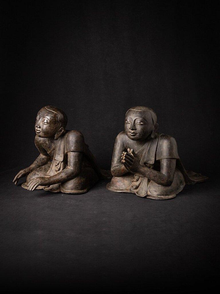 Burmese Pair of Antique Bronze Monk Statues from Burma For Sale
