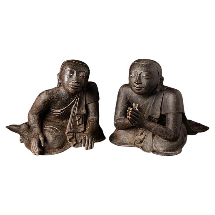 Pair of Antique Bronze Monk Statues from Burma For Sale