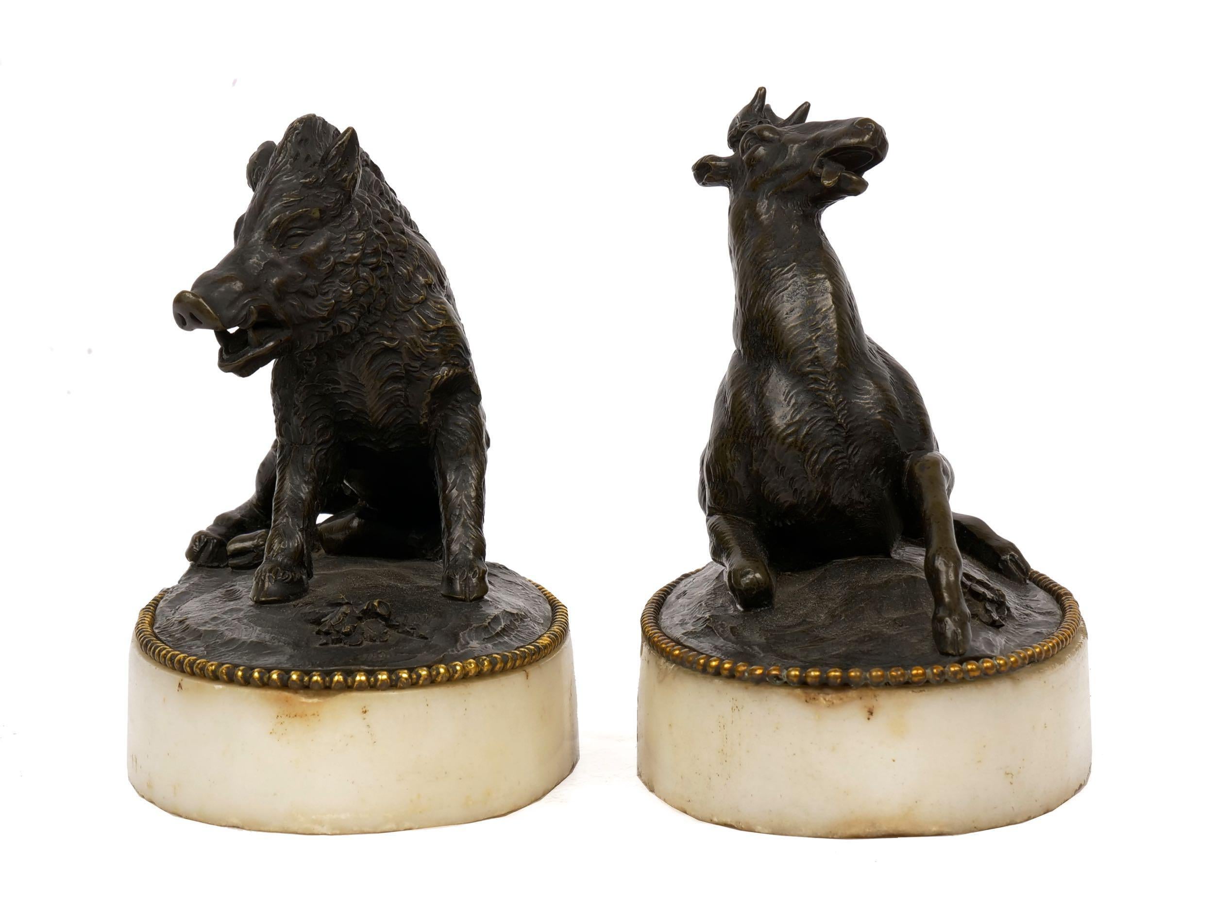 19th Century Pair of Antique Bronze Sculpture Paperweights Wounded Stag and Wild Boar For Sale