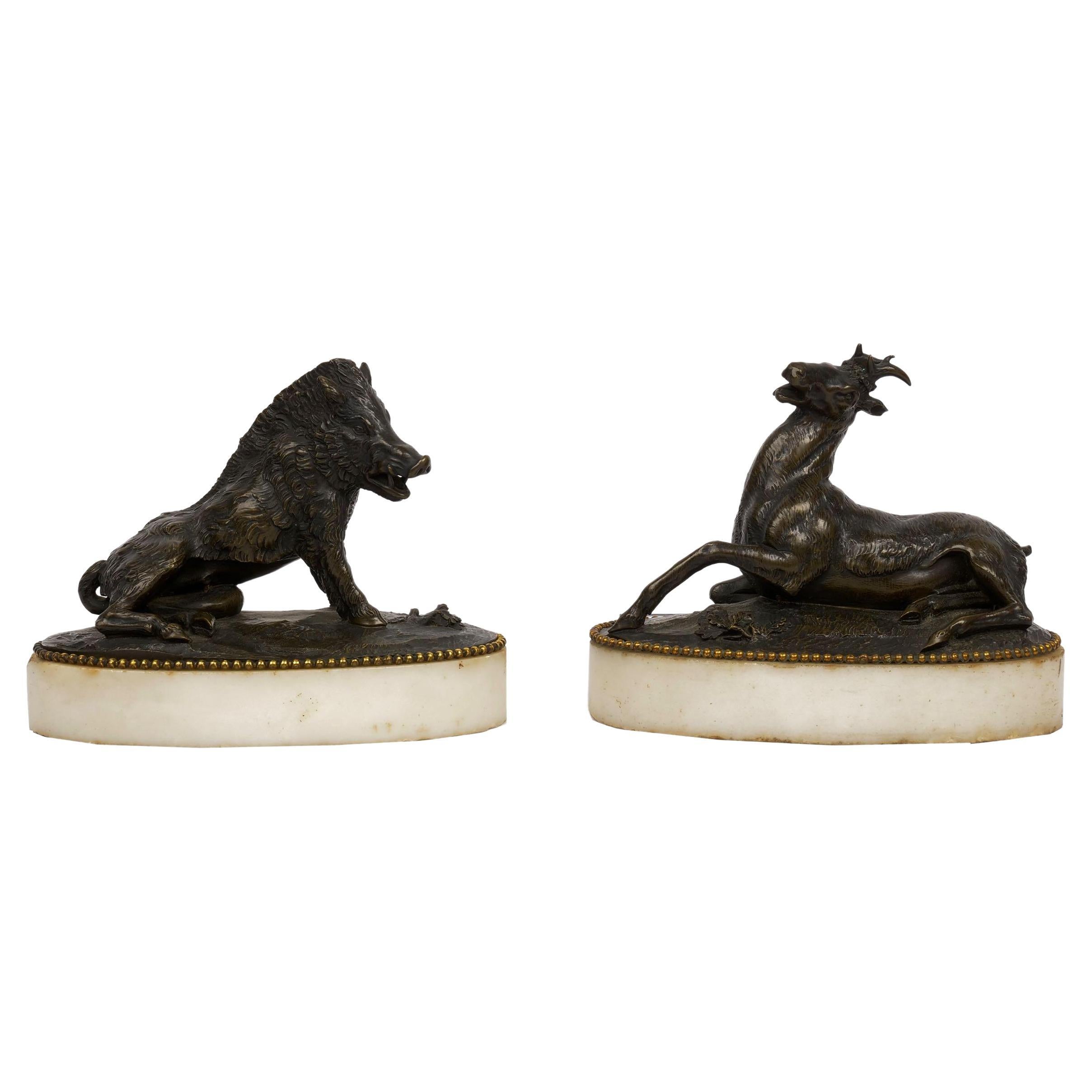 Pair of Antique Bronze Sculpture Paperweights Wounded Stag and Wild Boar