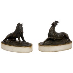 Pair of Antique Bronze Sculpture Paperweights Wounded Stag and Wild Boar