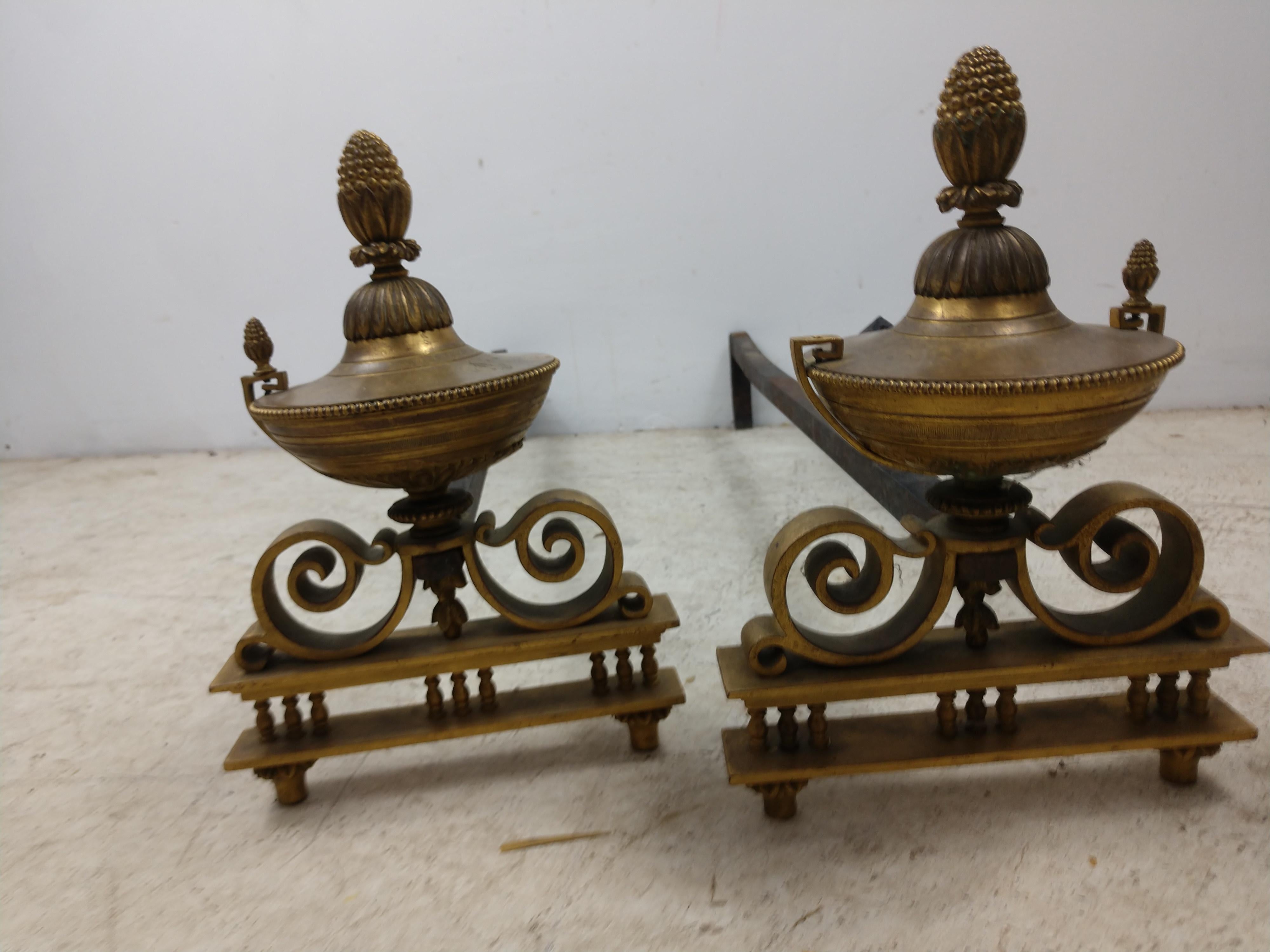 Pair of Antique Bronze Urn Form Fireplace Andirons For Sale 2