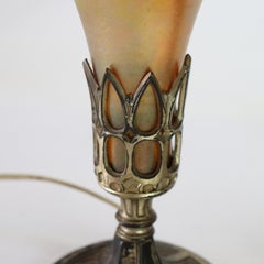 Pair of Antique Bronzed Metal & Gold Aurene Steuben Art Glass Table Lamps C1920