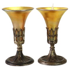 Pair of Antique Bronzed Metal & Gold Aurene Steuben Art Glass Table Lamps C1920