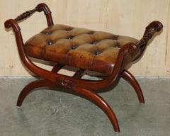 PAIR OF ANTIQUE BROWN LEATHER CHESTERFIELD TUFTED REGENCY FRAMED FOOTSTOOLs