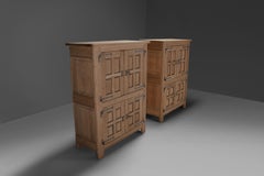 Pair of Antique Brutalist Spanish Solid Oak Cabinets – Early 1900s