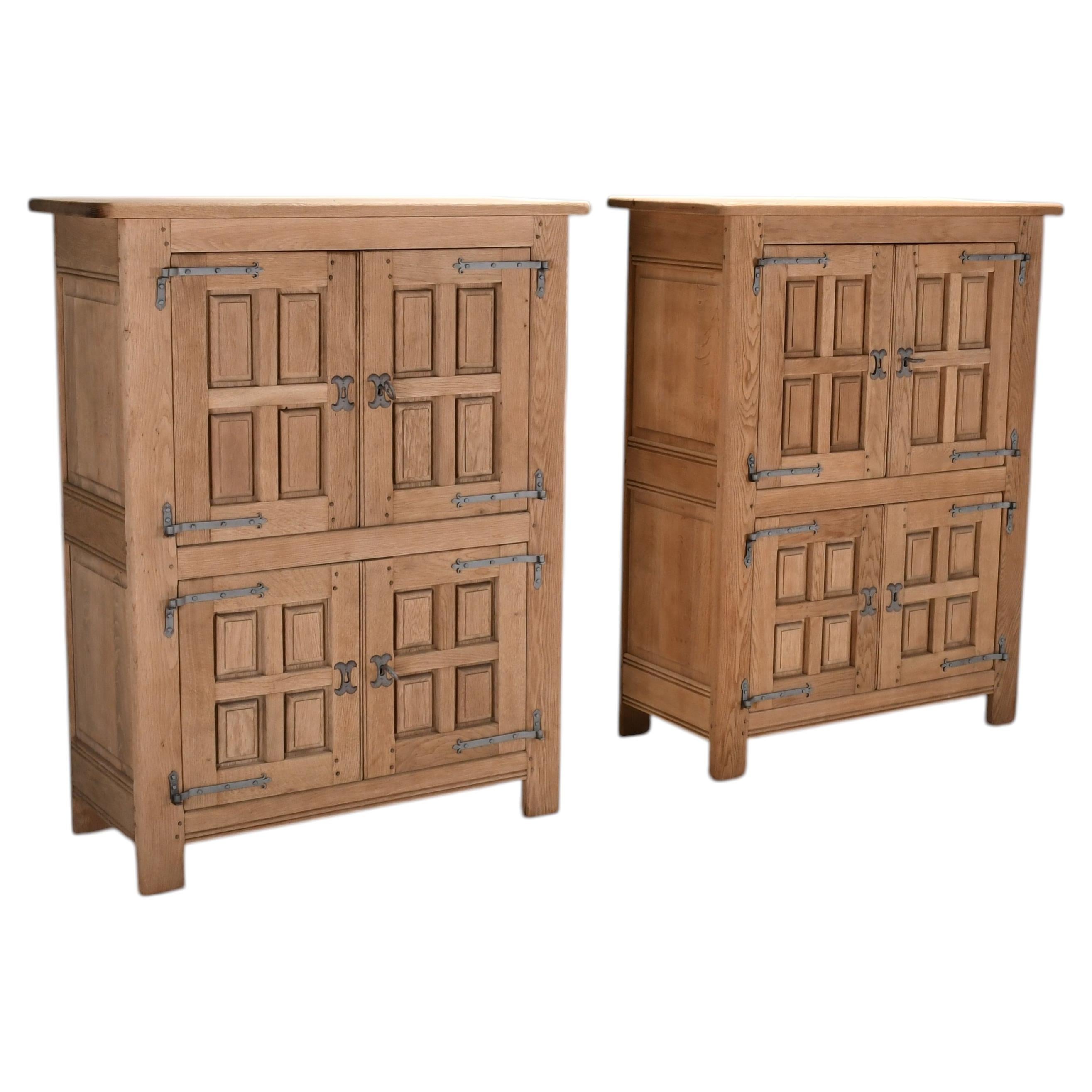 Pair of Antique Brutalist Spanish Solid Oak Cabinets – Early 1900s