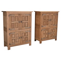 Pair of Antique Brutalist Spanish Solid Oak Cabinets – Early 1900s