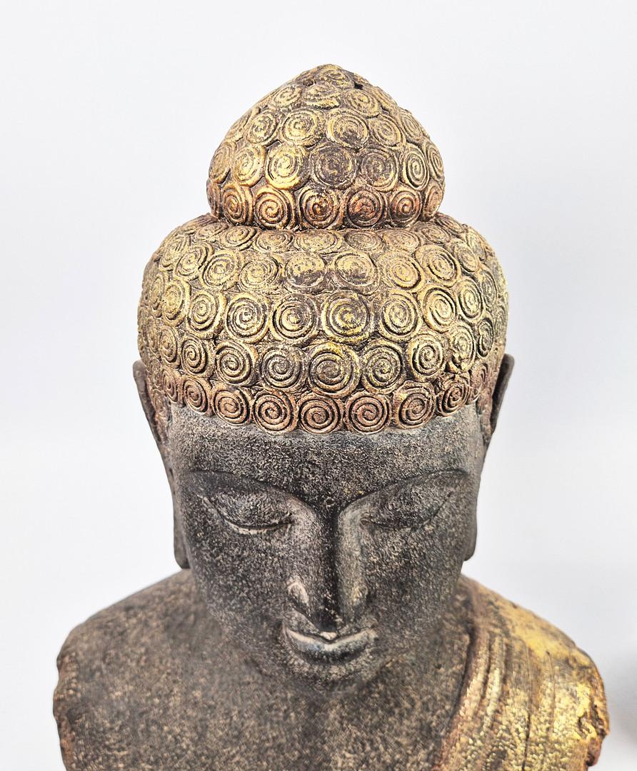 Vietnamien Paire de bustes de bouddha anciens 45 cm, sculptures patinées dorées, décoration d'intérieur asiatique en vente