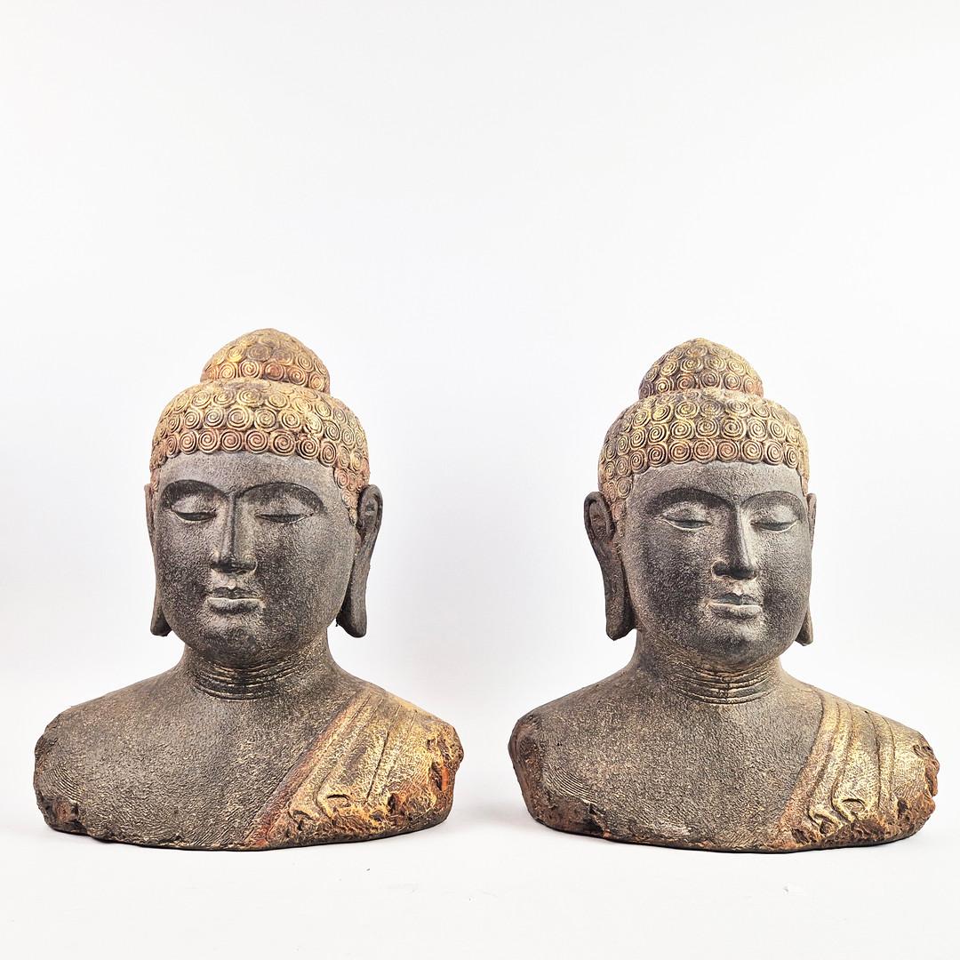 Paire de bustes de bouddha anciens 45 cm, sculptures patinées dorées, décoration d'intérieur asiatique Excellent état - En vente à Wembley, GB