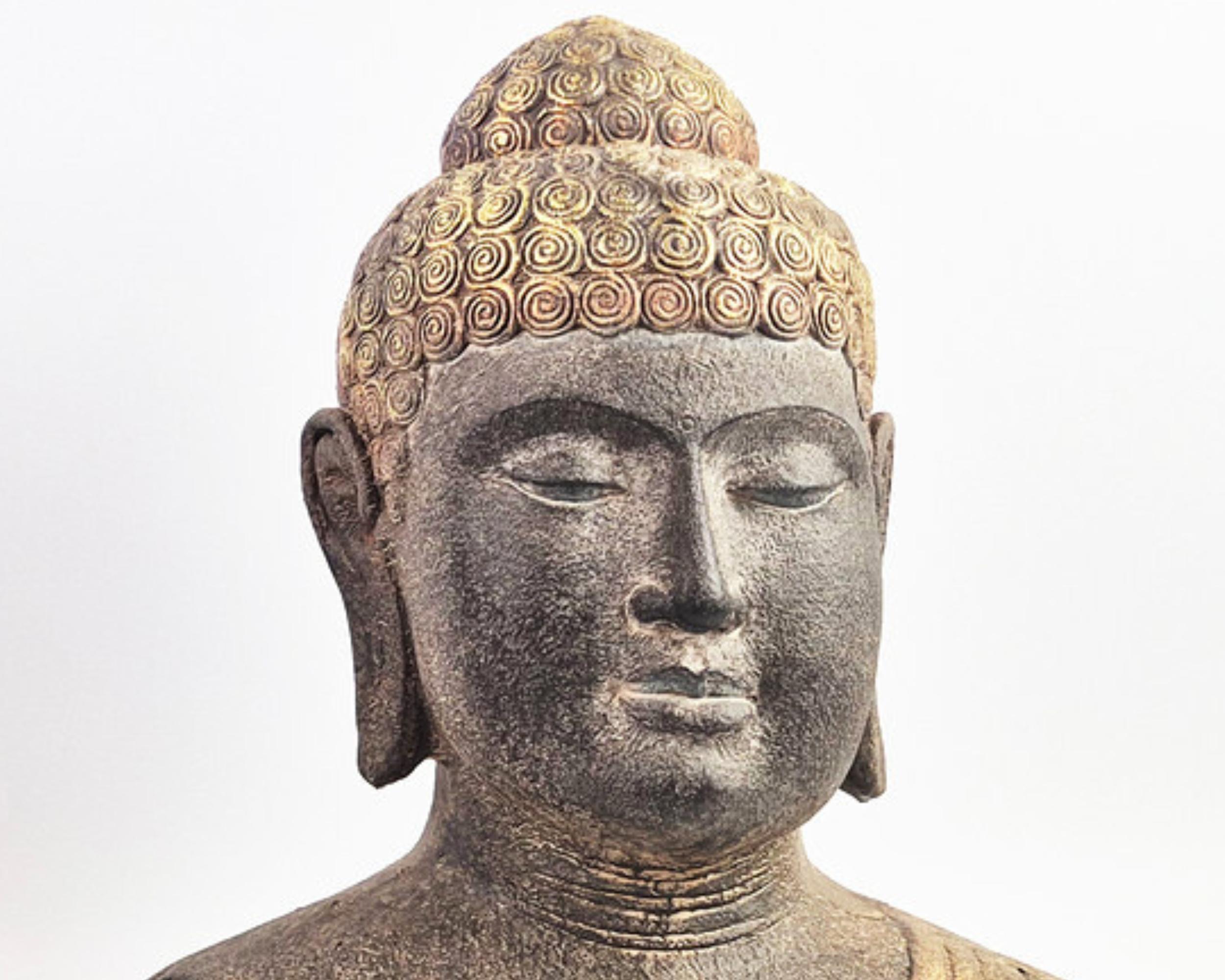 Début du 20ème siècle Paire de bustes de bouddha anciens 45 cm, sculptures patinées dorées, décoration d'intérieur asiatique en vente
