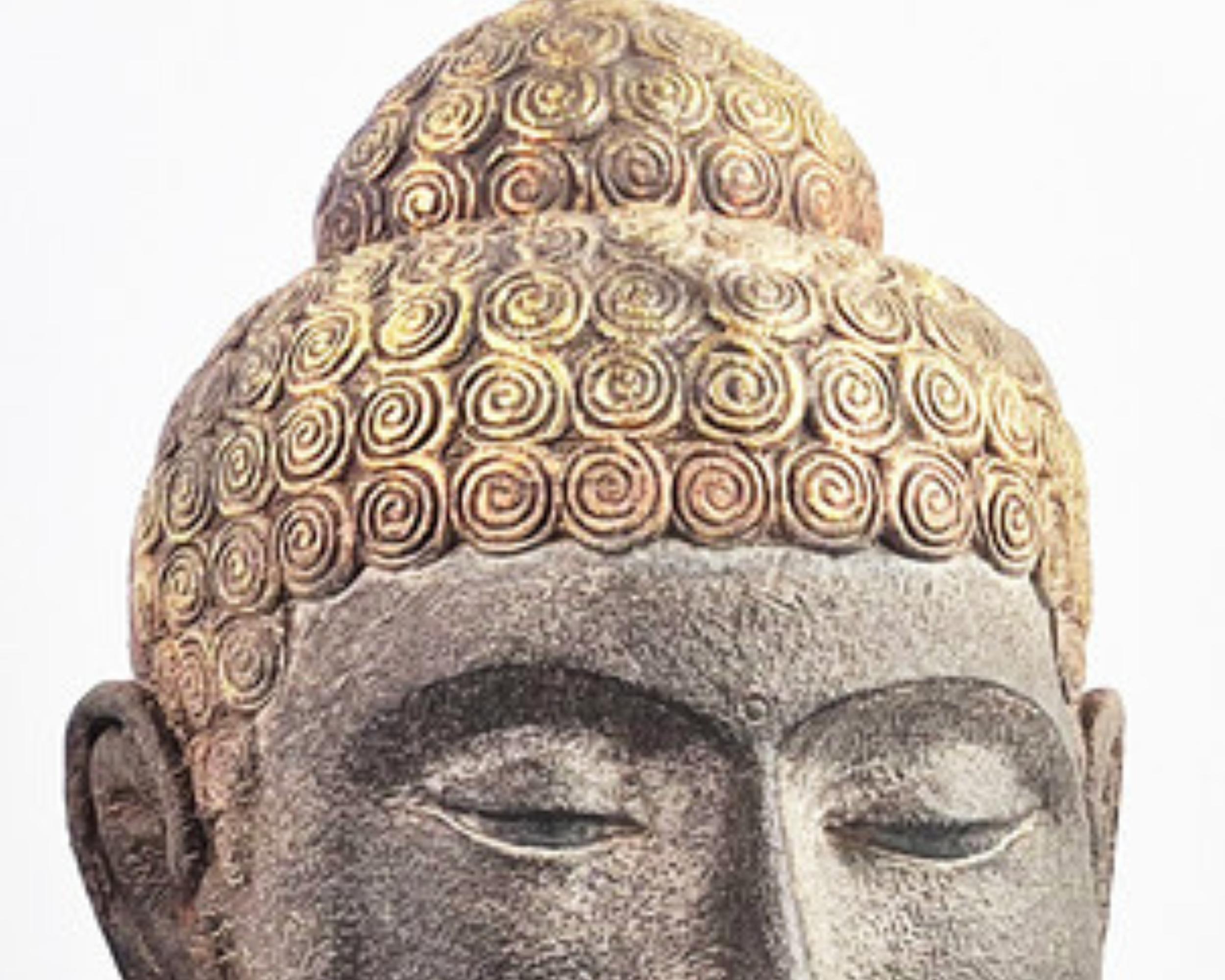 Paire de bustes de bouddha anciens 45 cm, sculptures patinées dorées, décoration d'intérieur asiatique en vente 1