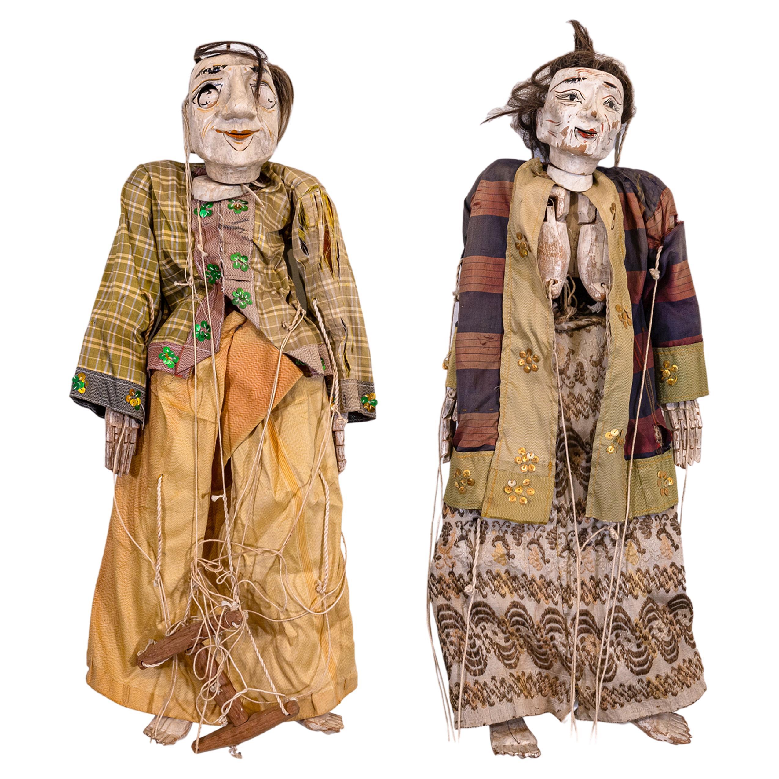 Paar antike burmesische Thailand Marionette-Puppenpuppenpuppenpuppenpuppenpuppen-Figurative Volkskunst im Angebot