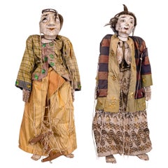 Pair of Antique Burmese Thailand Marionette Puppet Dolls Figurative Folk Art