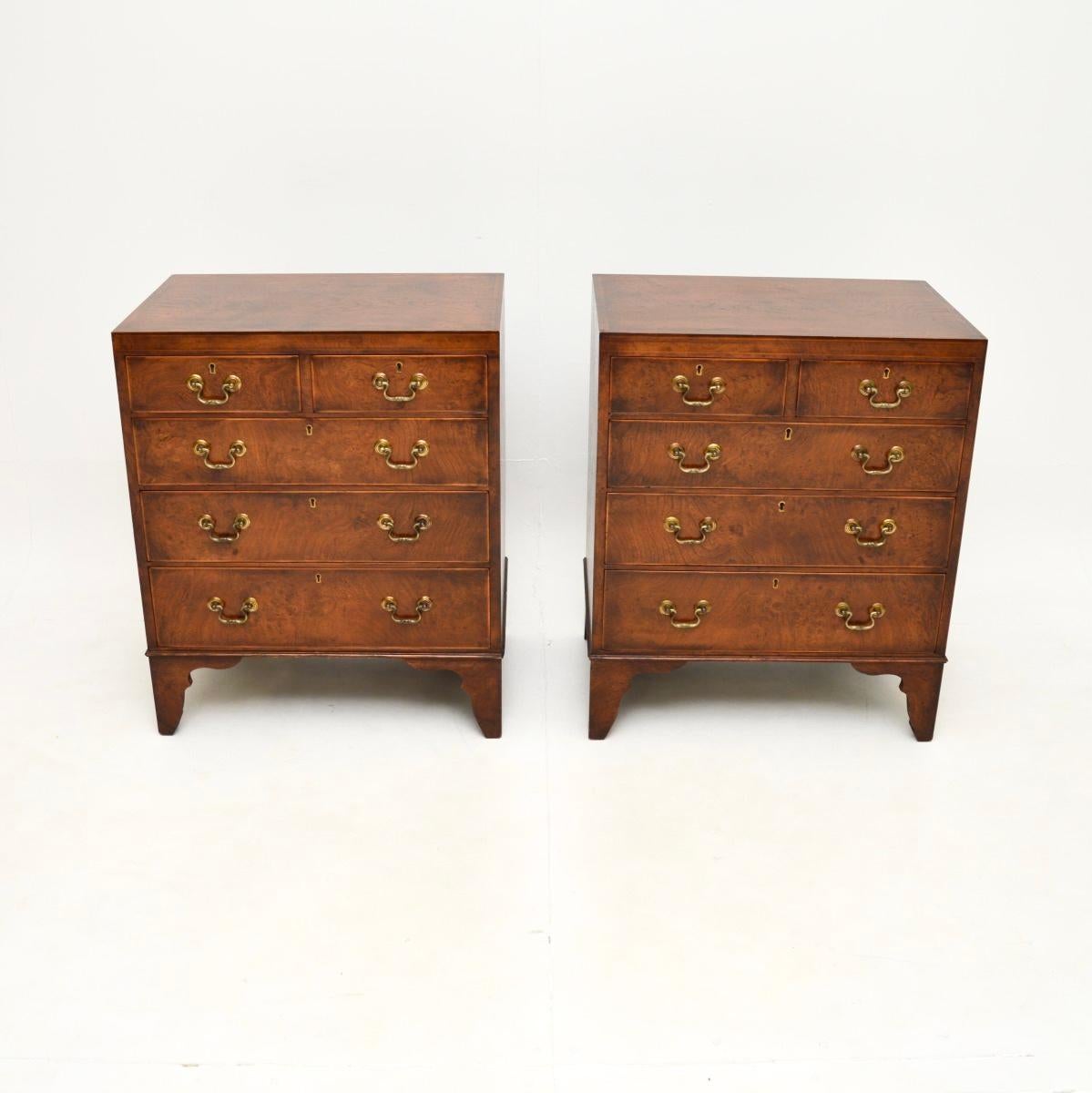 An exceptional pair of antique burr elm Georgian style side chests. They were made in England, they date from around the 1900-1910 period.

They are of extremely high quality, they are beautifully made and are very heavy for their size. The burr elm