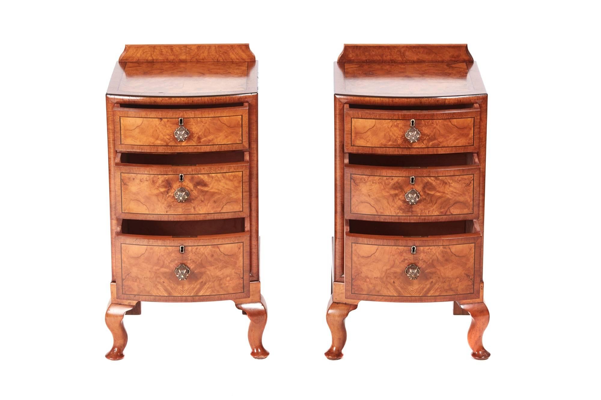 Pair of antique burr walnut bedside cabinets, having fantastic burr walnut bow front tops crossbanded in walnut, three bow front drawers crossbanded in walnut with original brass handles, standing on short cabriole legs with pad feet
Fantastic