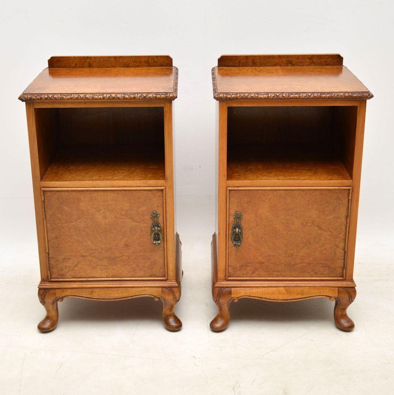 Pair of antique burr walnut bedside cabinets with really good figuring in the wood and in excellent condition. They are well constructed and are very practicable for bedsides. The tops are well carves as are the solid walnut legs. I would date these