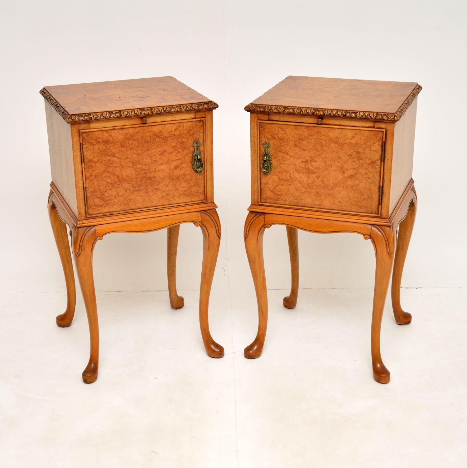 A beautiful pair of antique bedside cabinets in burr walnut. These were made in England, they date from around the 1920-1930’s.

They are of superb quality, are a very useful size and have a gorgeous colour. They sit on shapely cabriole legs, with