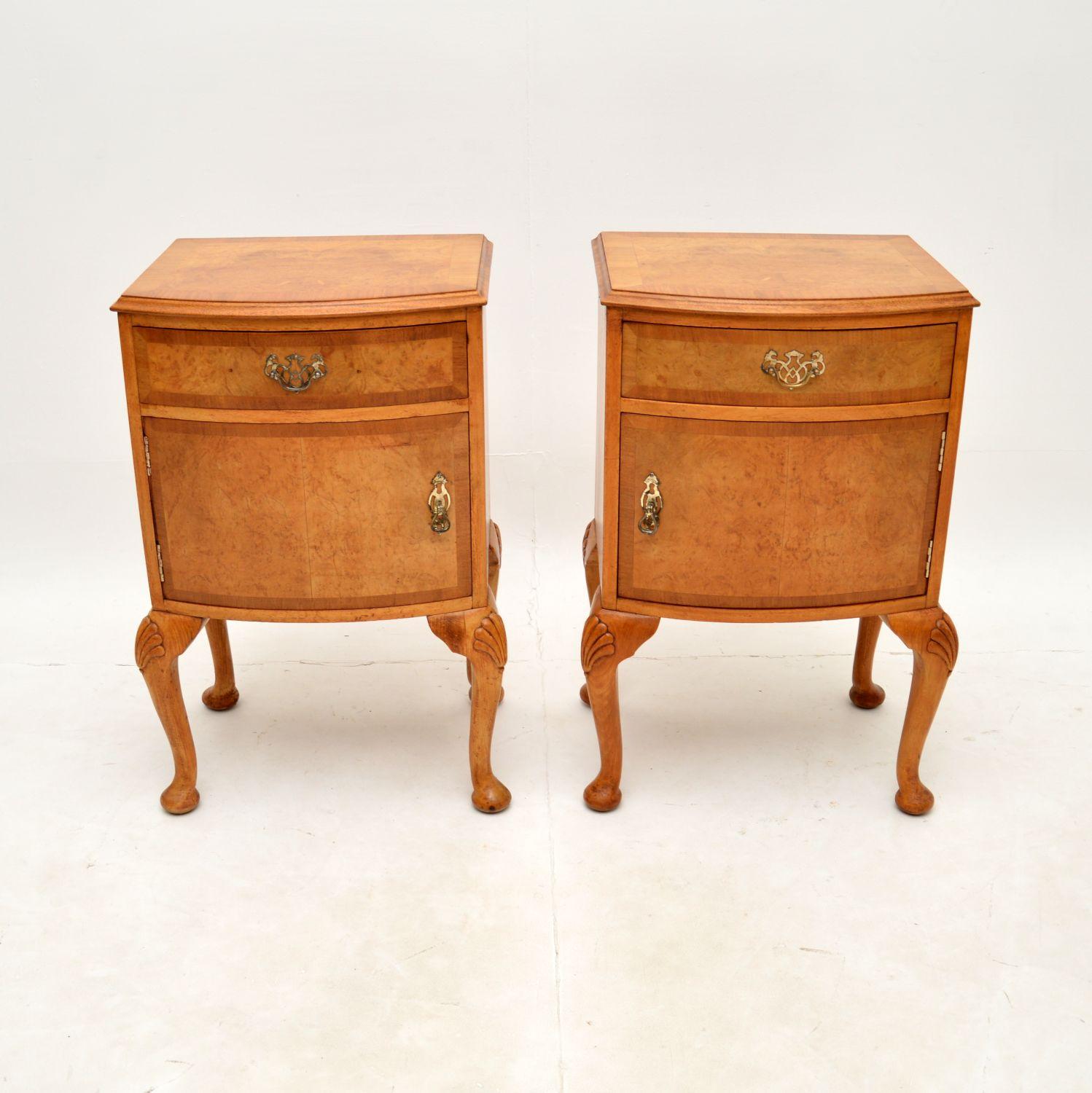 A smart and very well made pair of antique burr walnut bedside cabinets. They were made in England, they date from the 1920-30’s.

The quality is superb, they are beautifully designed and are a useful size. They have a bow fronted design, sitting on