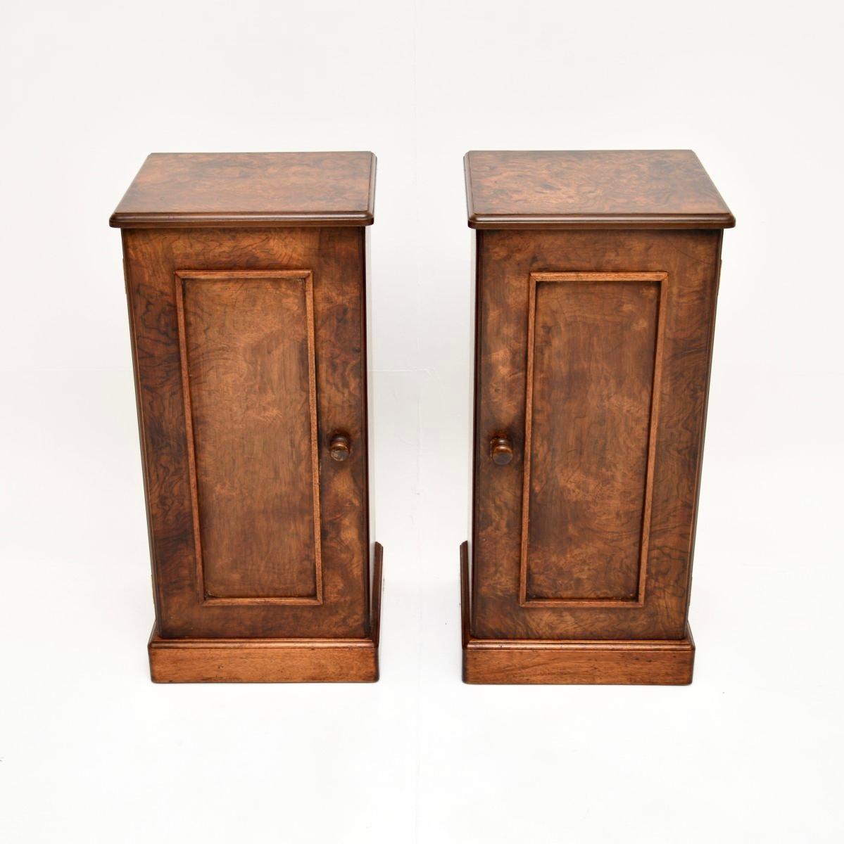 A smart and beautifully made pair of antique burr walnut bedside cabinets. They were made in England, they are in the Victorian style and date from around the 1930’s.

The quality is outstanding, they are a useful slim size, with plenty of storage