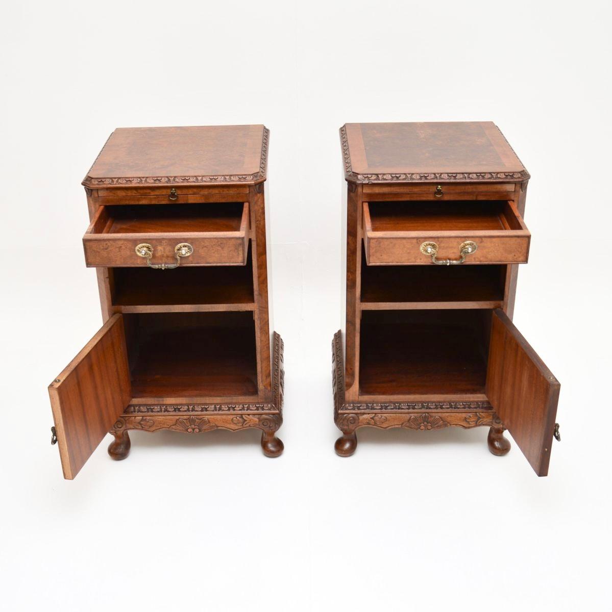 Queen Anne Pair of Antique Burr Walnut Bedside Cabinets For Sale