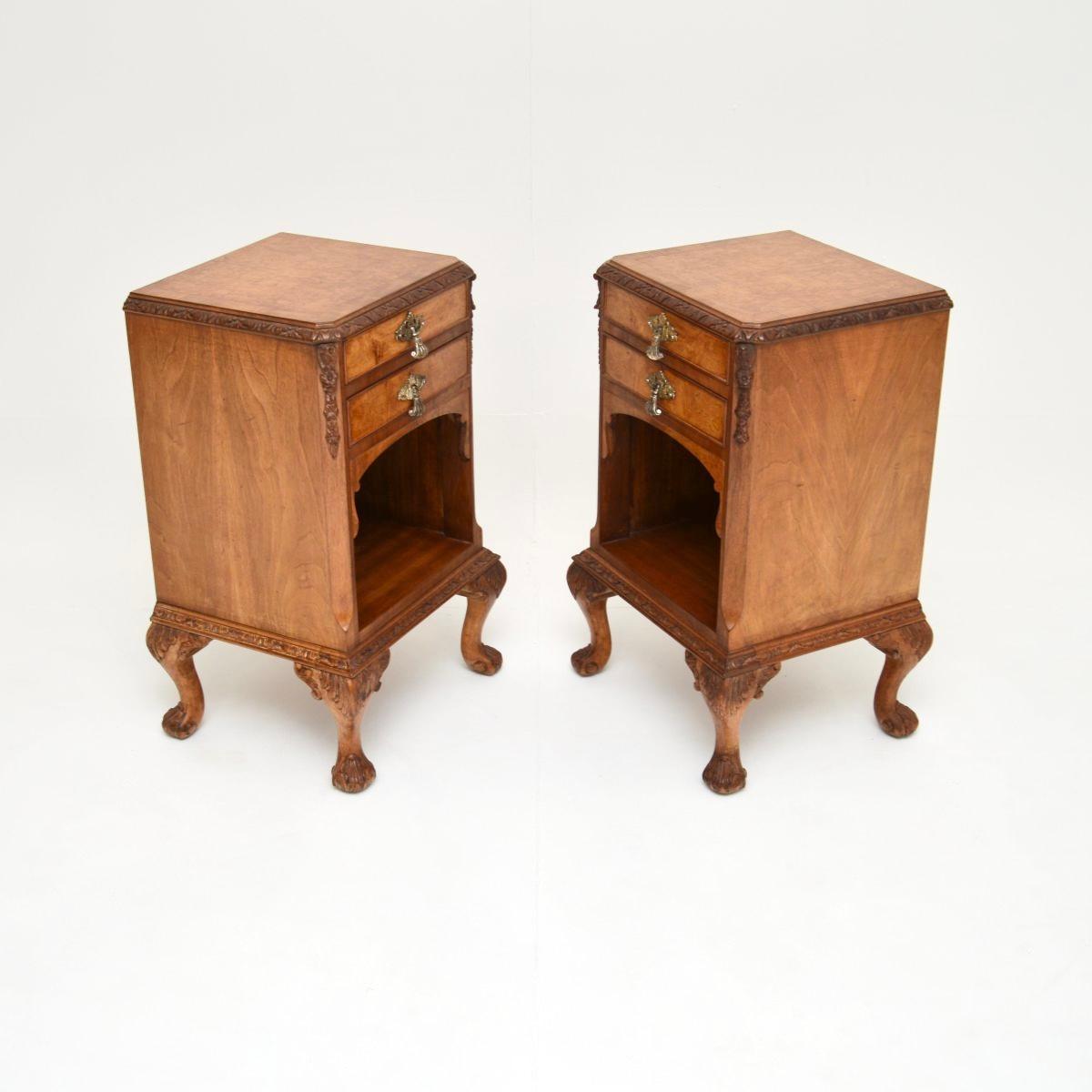 Queen Anne Pair of Antique Burr Walnut Bedside Cabinets