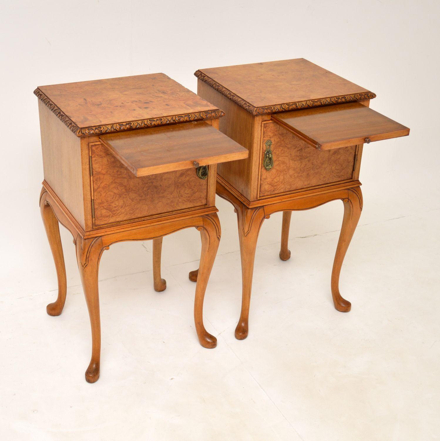 20th Century Pair of Antique Burr Walnut Bedside Cabinets