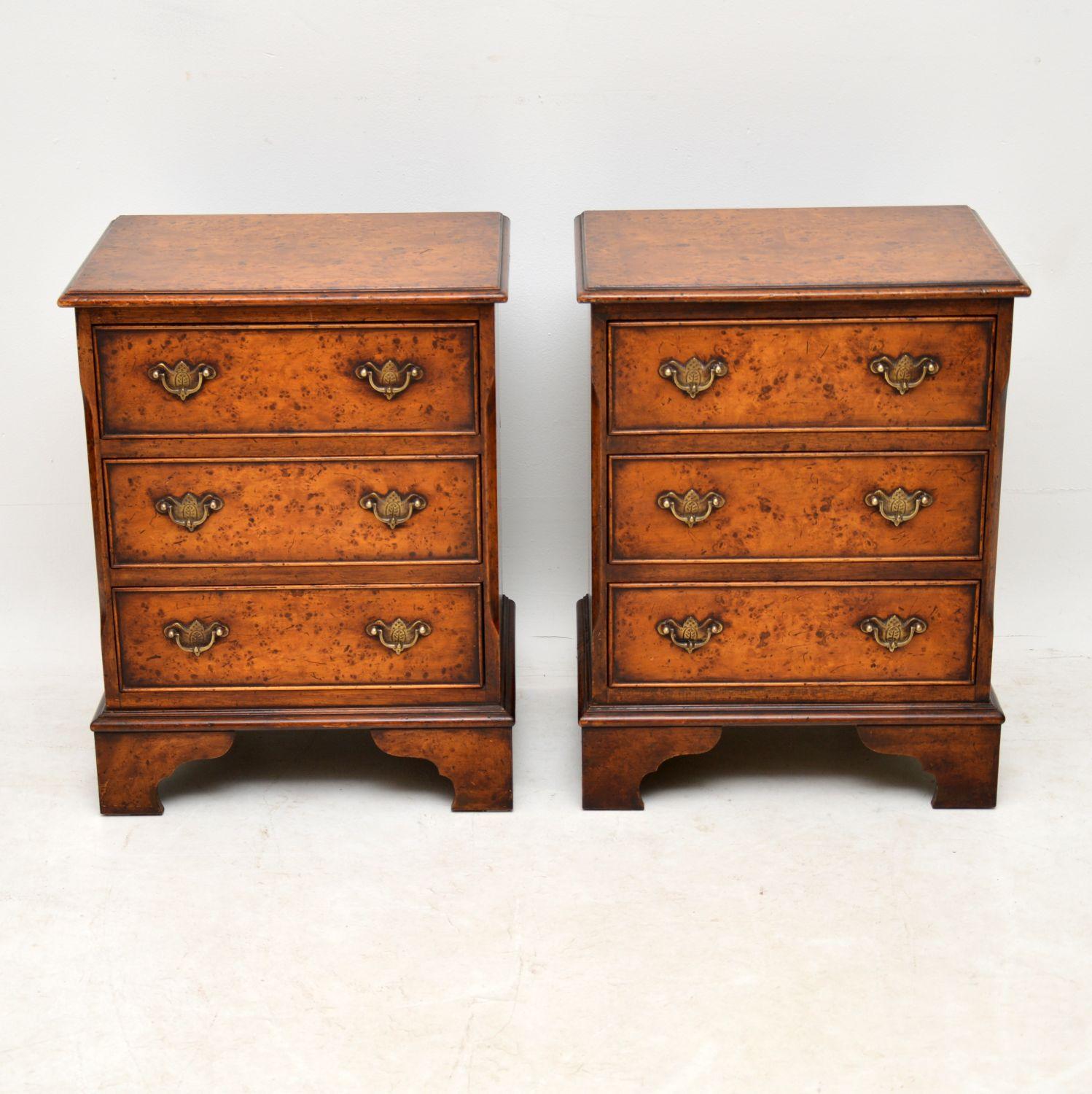 Pair of antique bedside chests in good original condition and with plenty of character. The tops and drawer fronts look like burr walnut and the sides may be pine, even though they have a walnut look. They have a very warm original colour and are