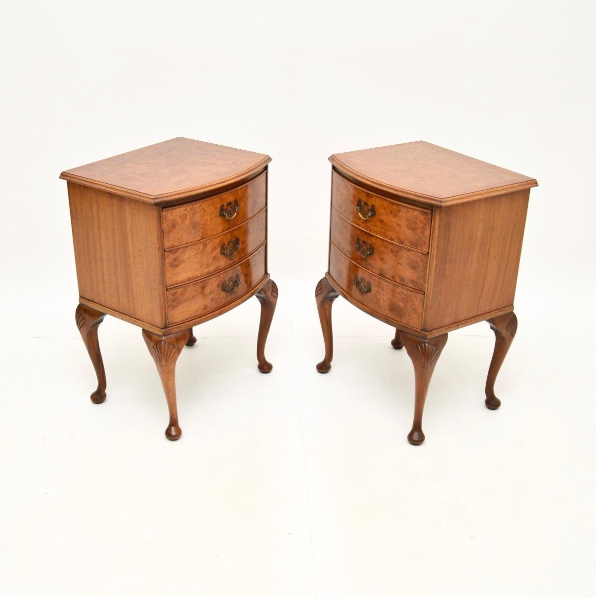 Queen Anne Pair of Antique Burr Walnut Bedside Chests