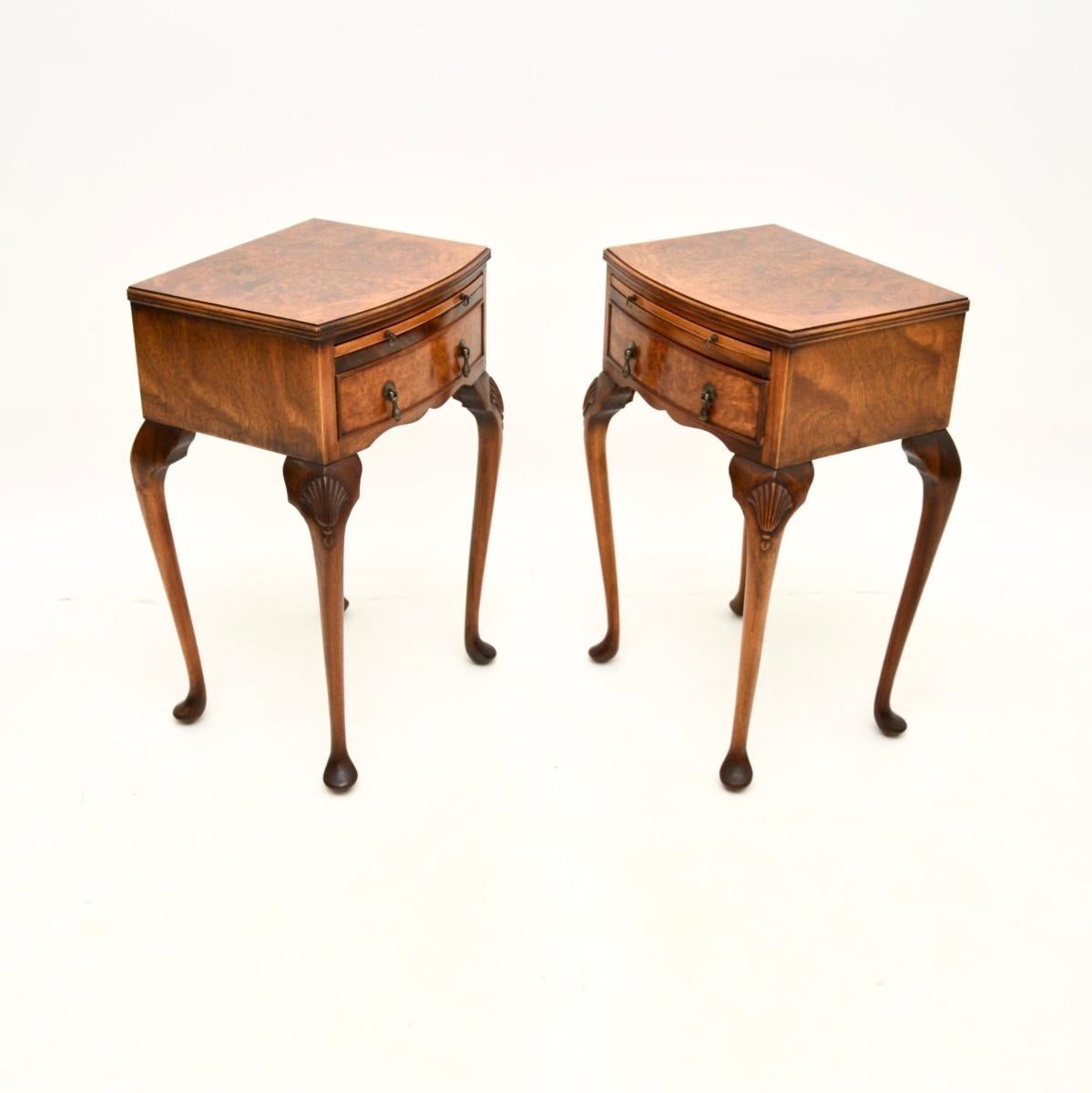 Queen Anne Pair of Antique Burr Walnut Bedside Tables