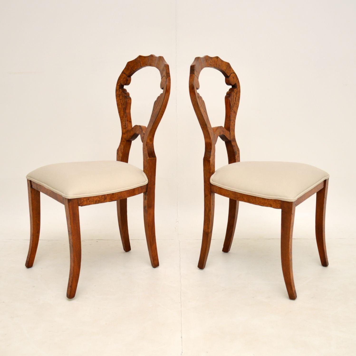 Swedish Pair of Antique Burr Walnut Biedermeier Side Chairs
