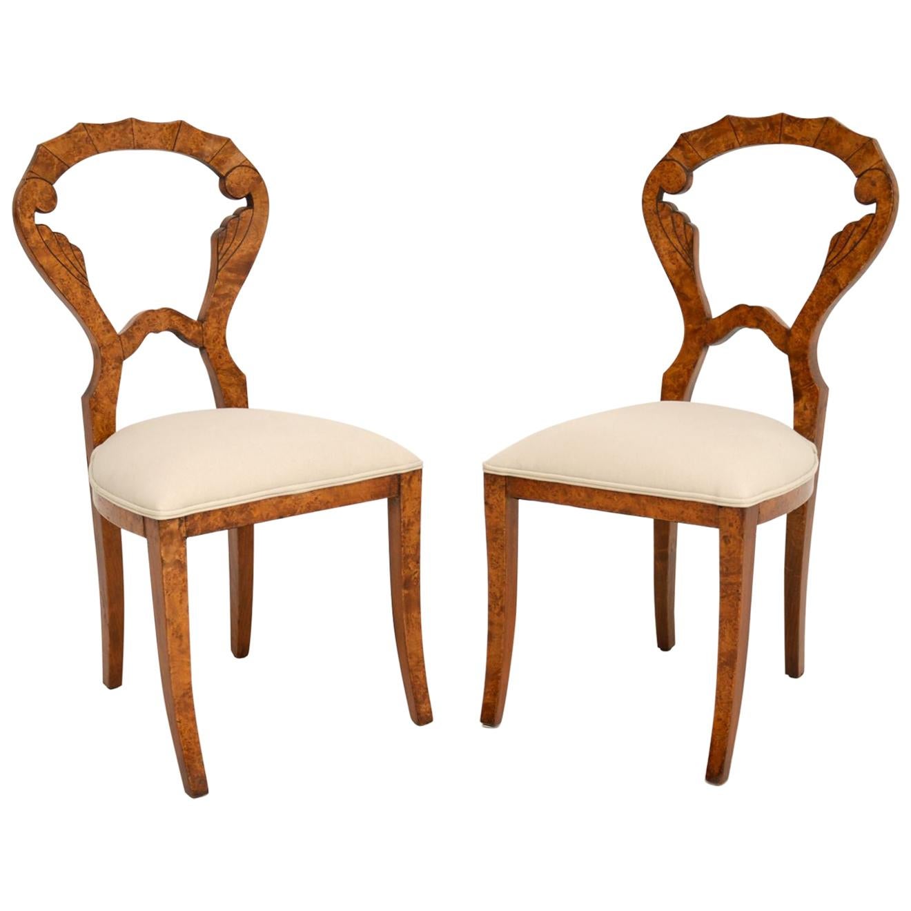 Pair of Antique Burr Walnut Biedermeier Side Chairs