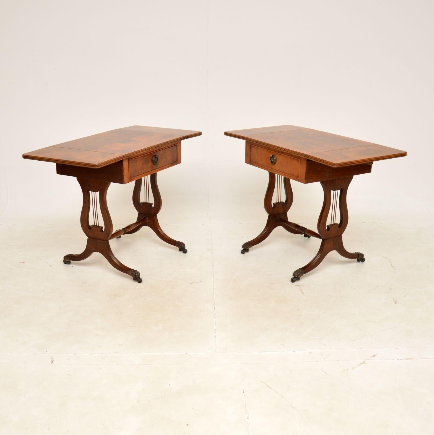 British Pair of Antique Burr Walnut Drop Leaf Side Tables