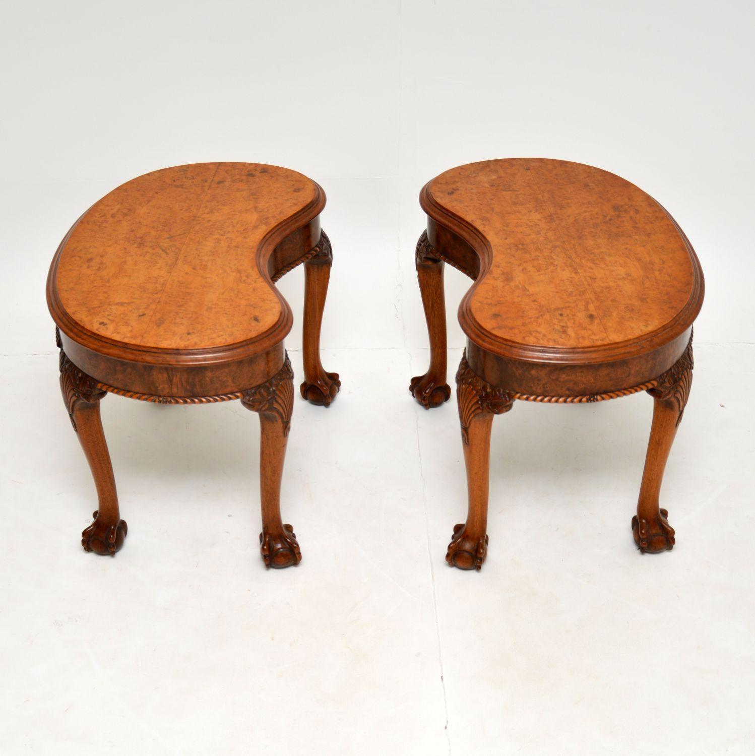 Queen Anne Pair of Antique Burr Walnut Kidney Side Tables